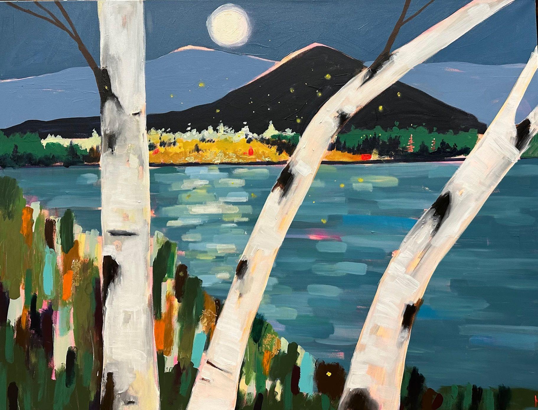 Rebecca Klementovich Abstract Painting - Moon, Fireflies, and BIrches, Painting, Acrylic on Canvas
