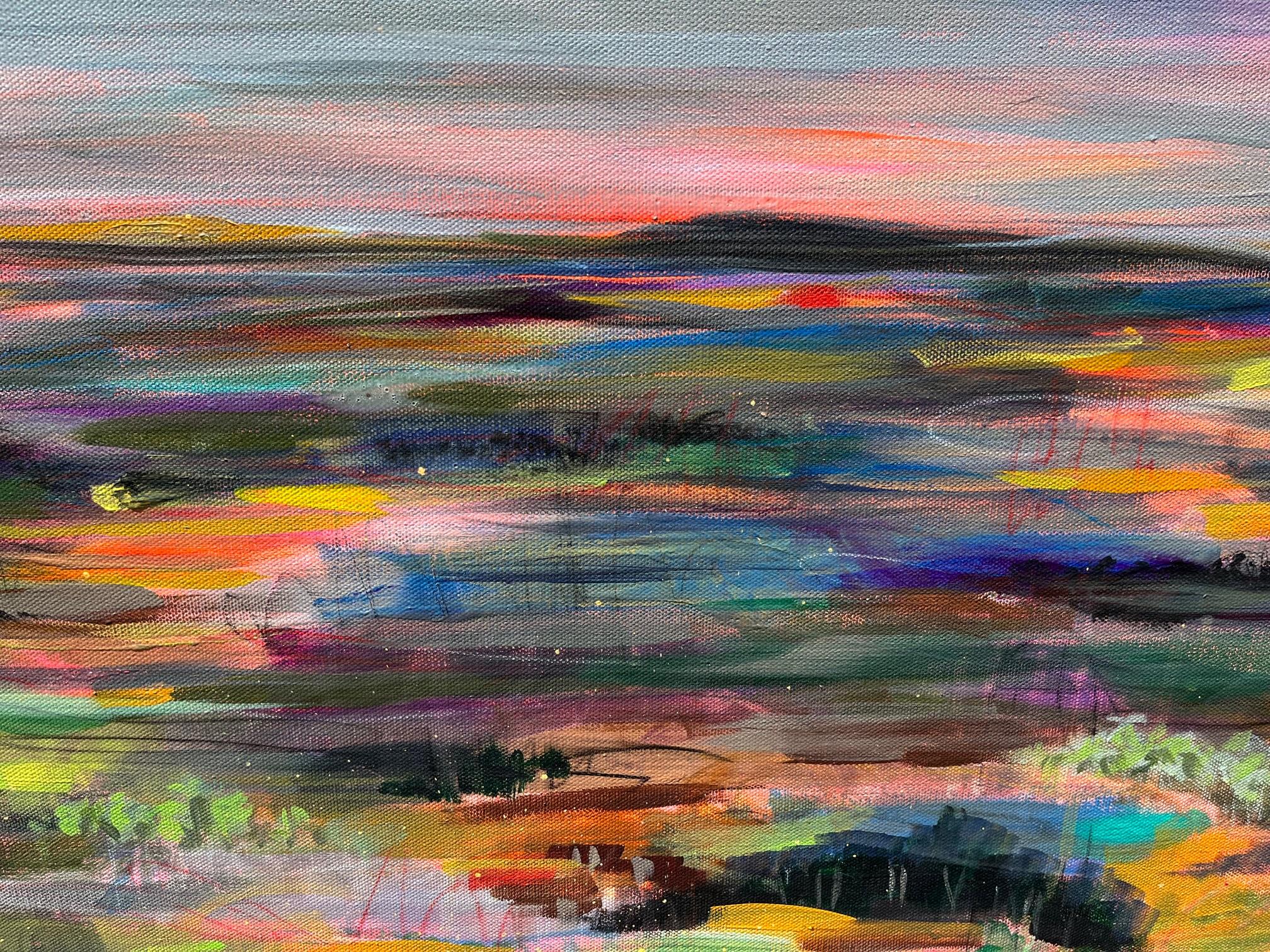 <p>Artist Comments<br>Artist Rebecca Klementovich depicts an expansive abstract fall landscape. She colors it with jewel tones with striking pink accents. A glow of warm colors complements and enhances her predominantly cool-toned work. Bits of
