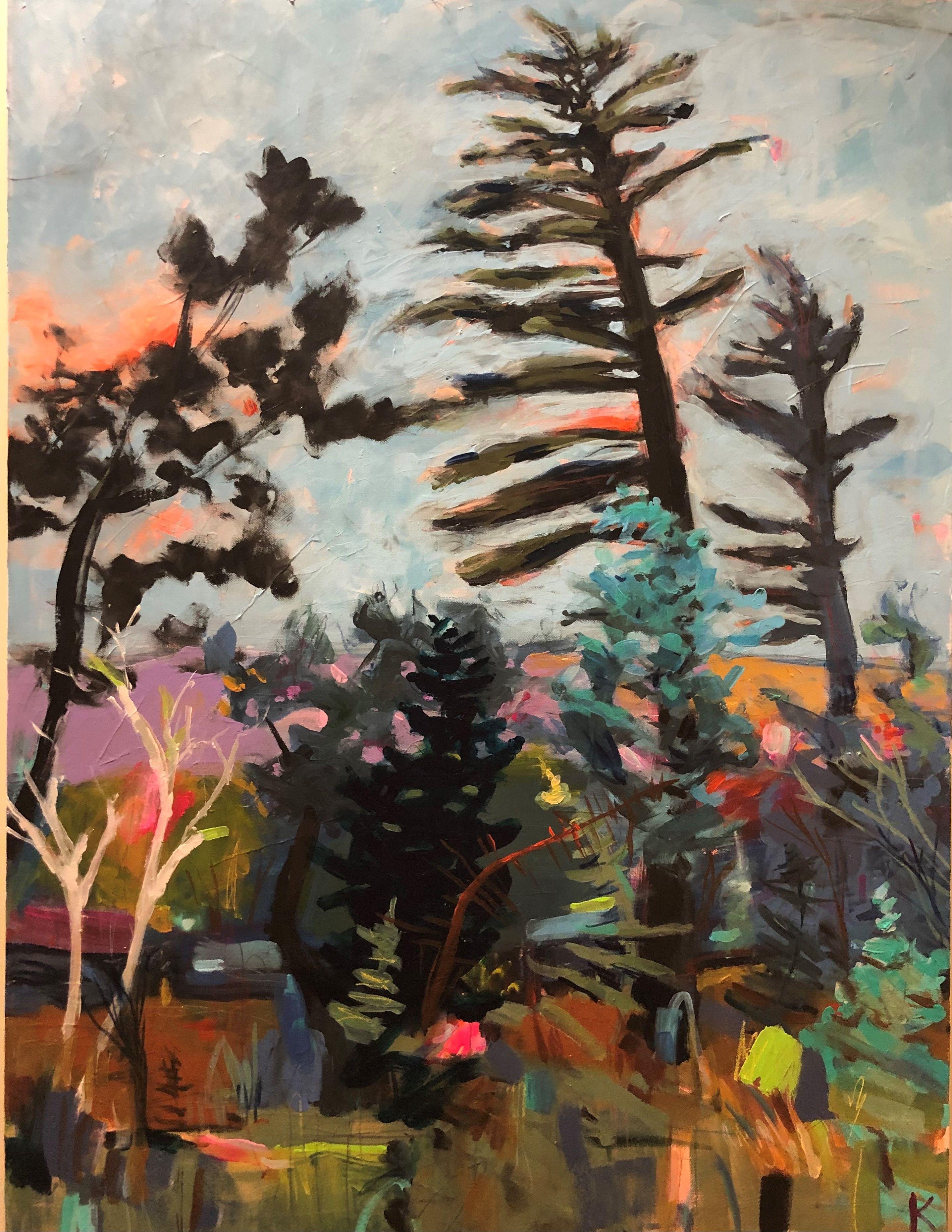 Rebecca Klementovich Abstract Painting - Pines in the Twilight World, Painting, Acrylic on Canvas