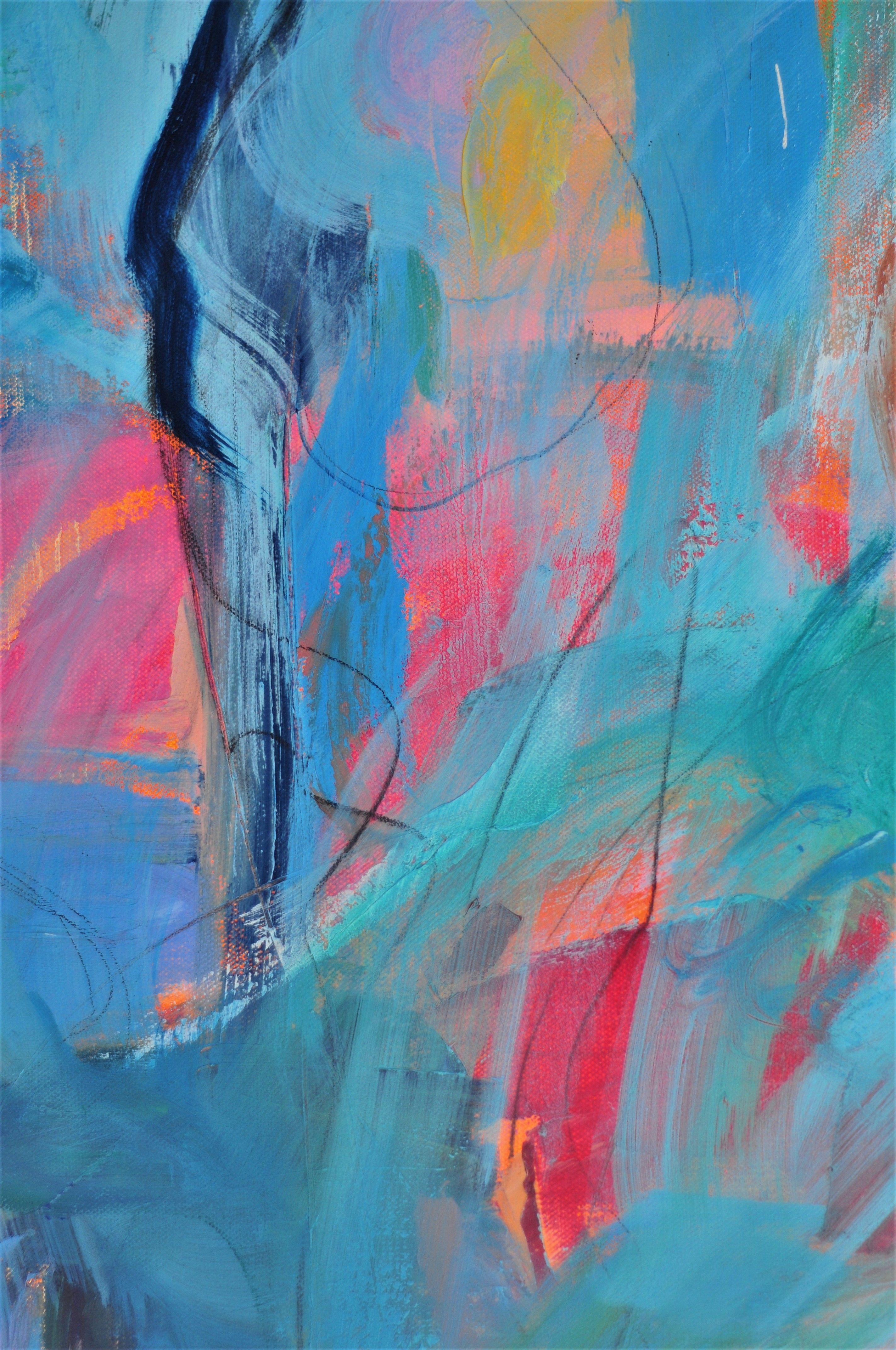 Skiing Over Icefalls, Painting, Oil on Canvas - Blue Abstract Painting by Rebecca Klementovich