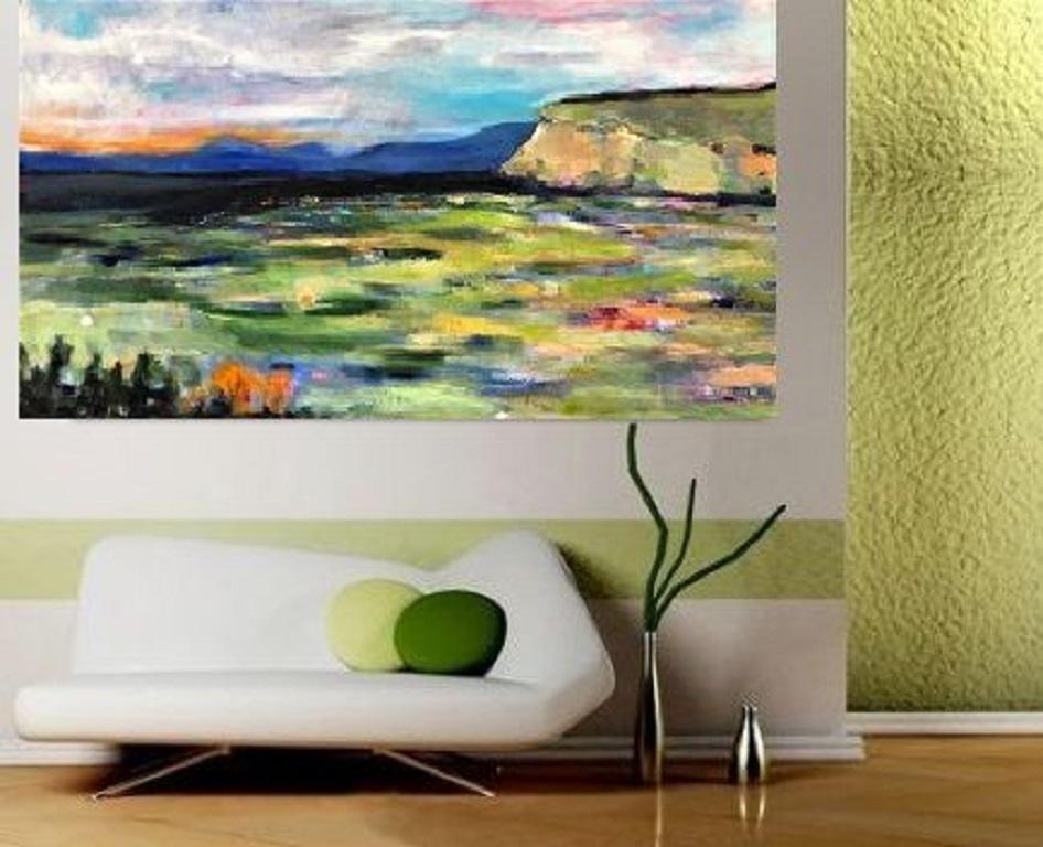 48x23x2 oil    This vibrant painting is of the springtime in the Mountains. The light hits the fields, and top of the mountain in a beautiful yellow way. If you look closely you can see the many layers of colors that represent the excitement of