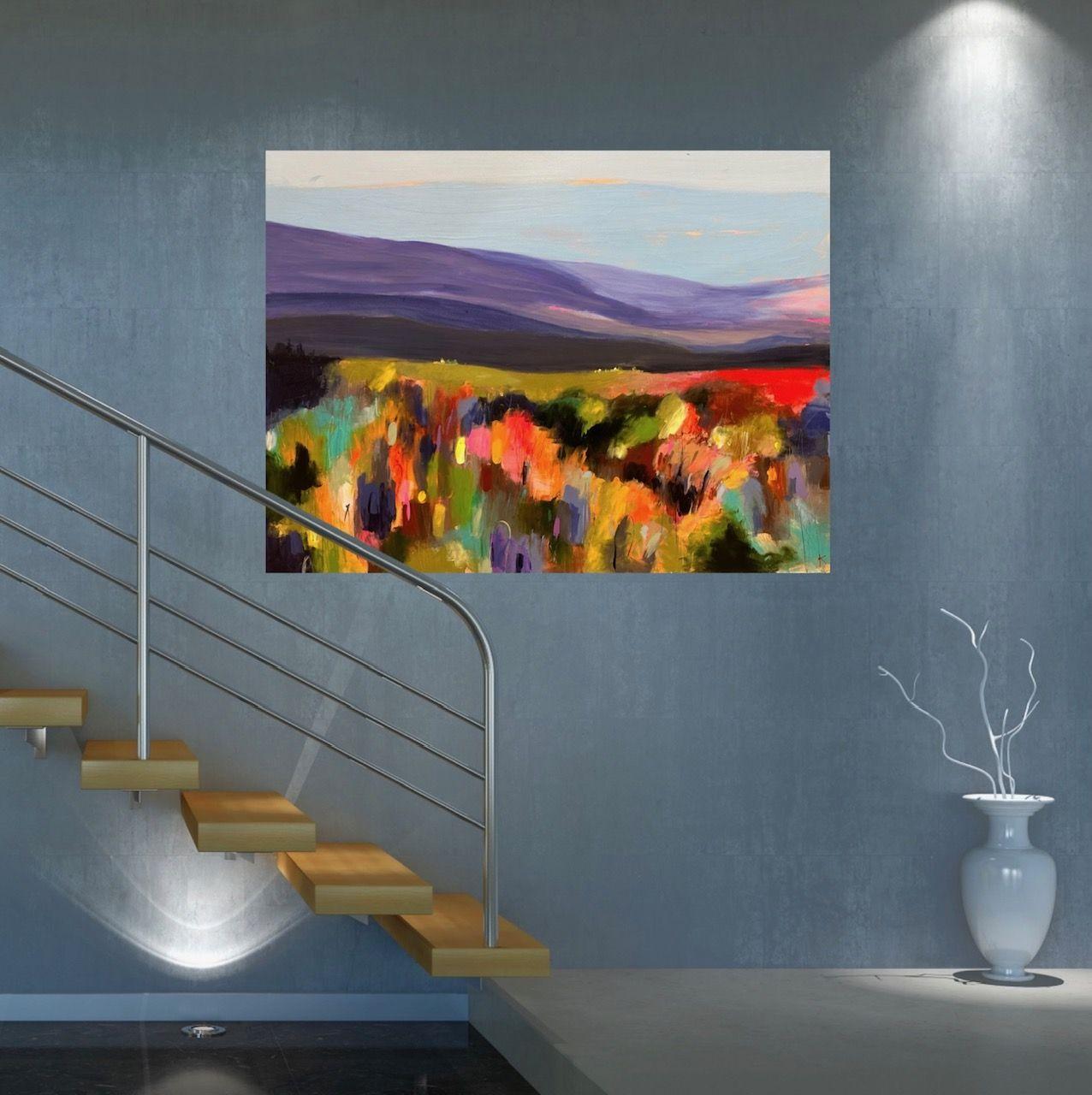 48x36 Acrilico    Il dipinto di paesaggio semi-astratto è uno dei miei preferiti. I marroni e i verdi profondi e ricchi contro i rosa e gli arancioni brillanti mostrano il fogliame al suo meglio. Le forme abbozzate mostrano il movimento delle foglie