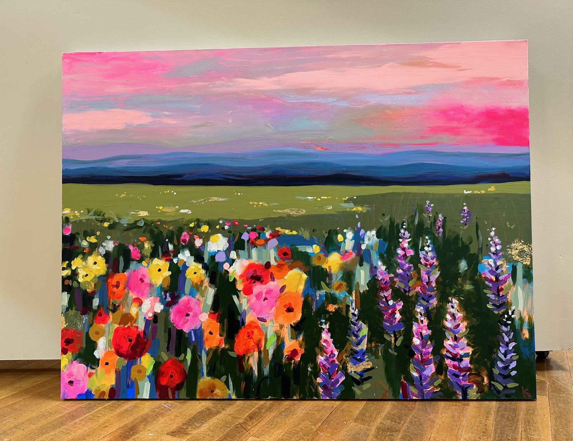 Wild Flower Field with Mountains in the Back, Painting, Acrylic on Canvas For Sale 2