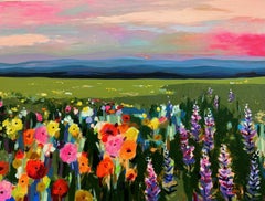 Champ de fleurs sauvages avec montagnes à l'arrière, peinture, acrylique sur toile