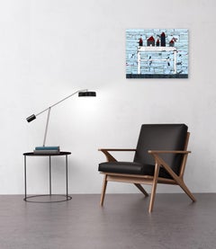 Our Town - Original Homes on White Table Blau Abstraktes Textur-Kunstwerk auf Holz