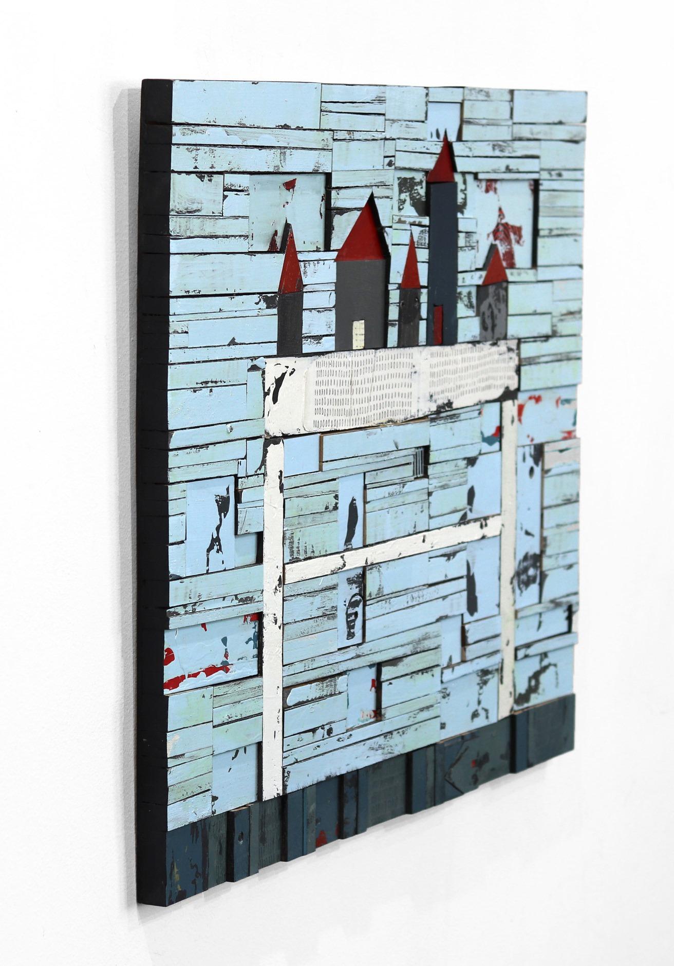 Unsere Stadt – Original blaues Original-Kunstwerk auf Holztafel von Rebecca Klundt im Angebot 3
