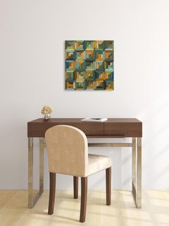 Texturiertes Original Abstraktes geometrisches modernes grünes Kunstwerk der Moderne – gesteppte Steppdecke