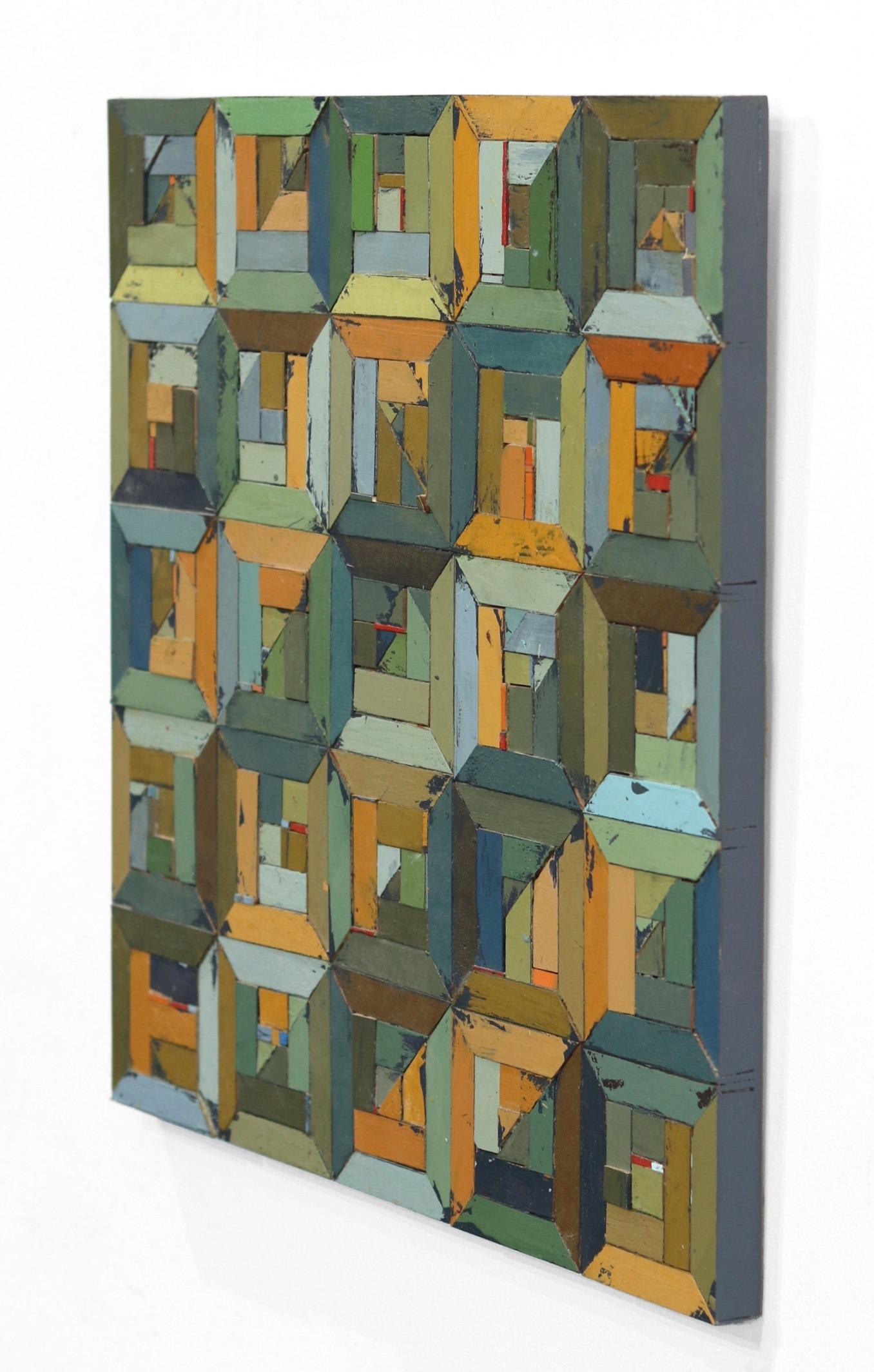 Texturiertes Original Abstraktes geometrisches modernes grünes Kunstwerk der Moderne – gesteppte Steppdecke  1
