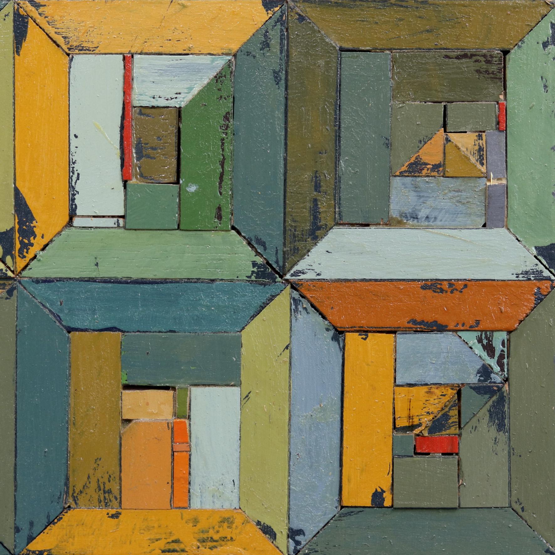 Textured Original Abstract Geometric Modern Green Artwork - Pieced Quilt  For Sale 2