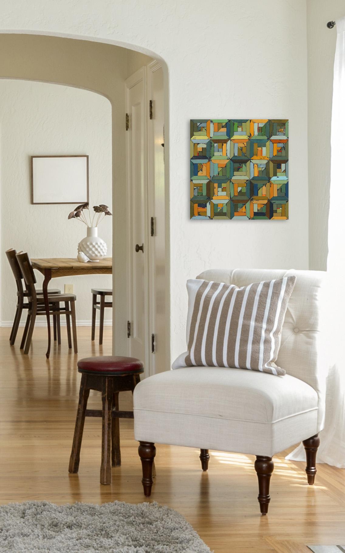 Textured Original Abstract Geometric Modern Green Artwork - Pieced Quilt  For Sale 3