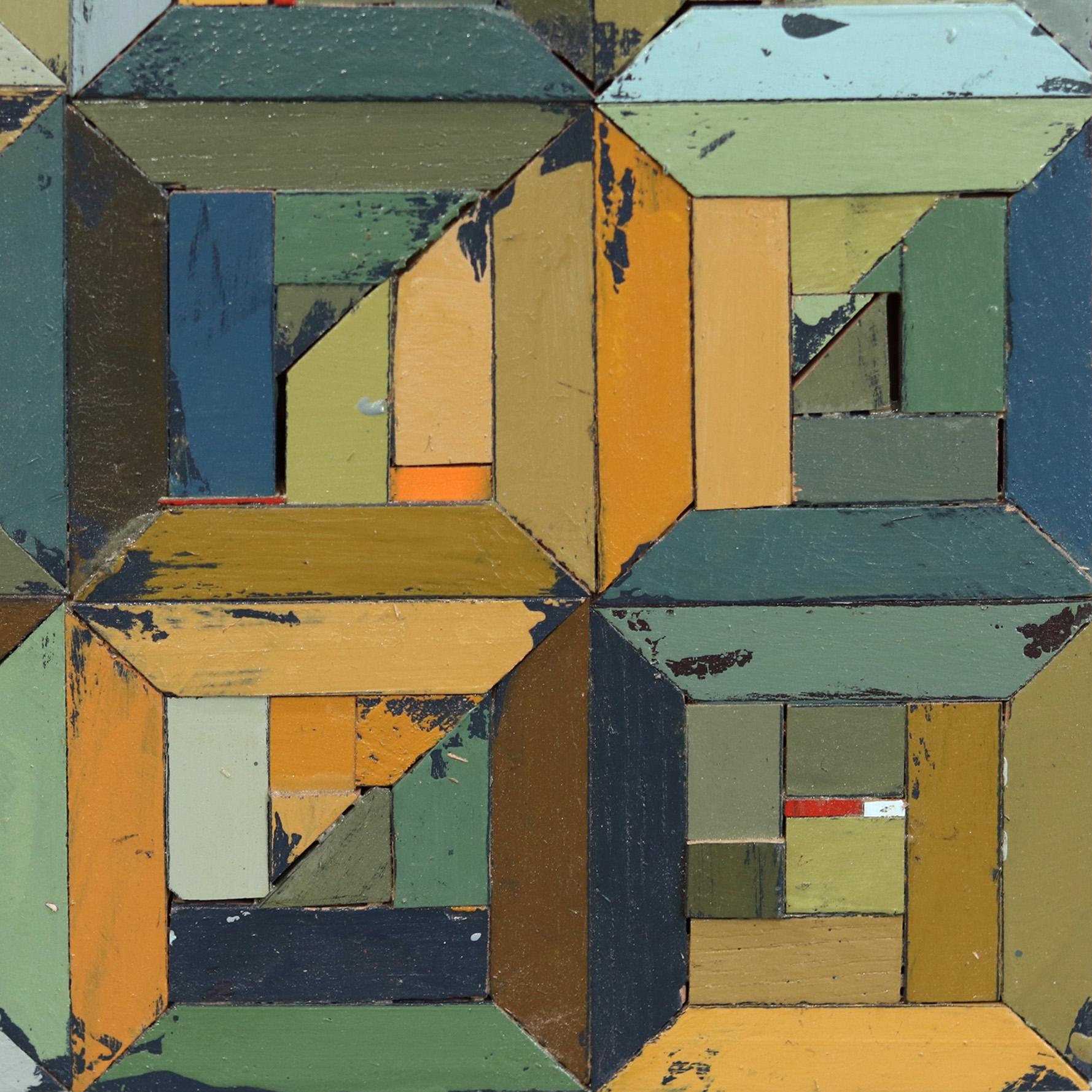 Texturiertes Original Abstraktes geometrisches modernes grünes Kunstwerk der Moderne – gesteppte Steppdecke  5