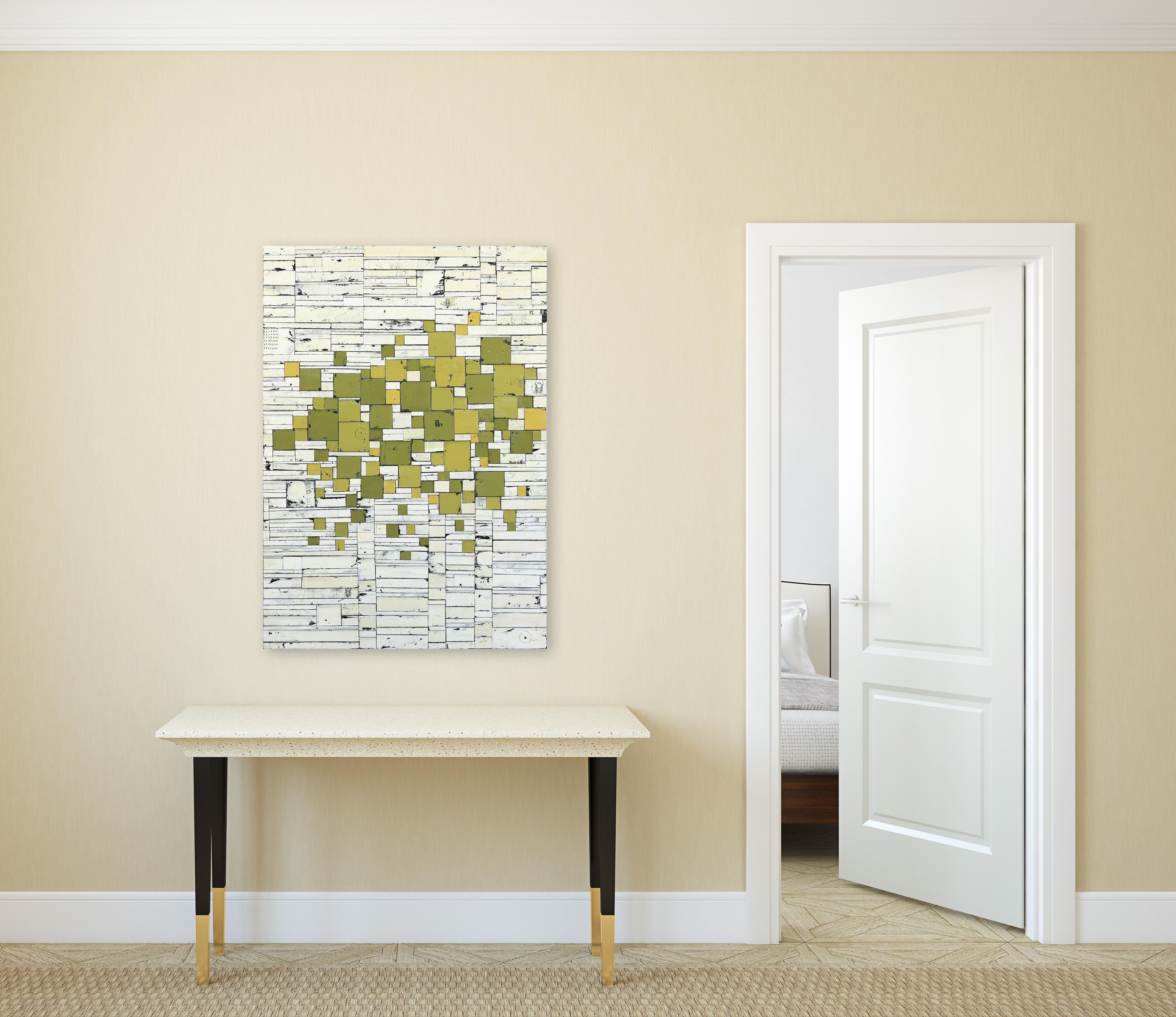 Sanctuary - Original Abstract Geometric Modern Textured Green White Artwork - Painting by Rebecca Klundt