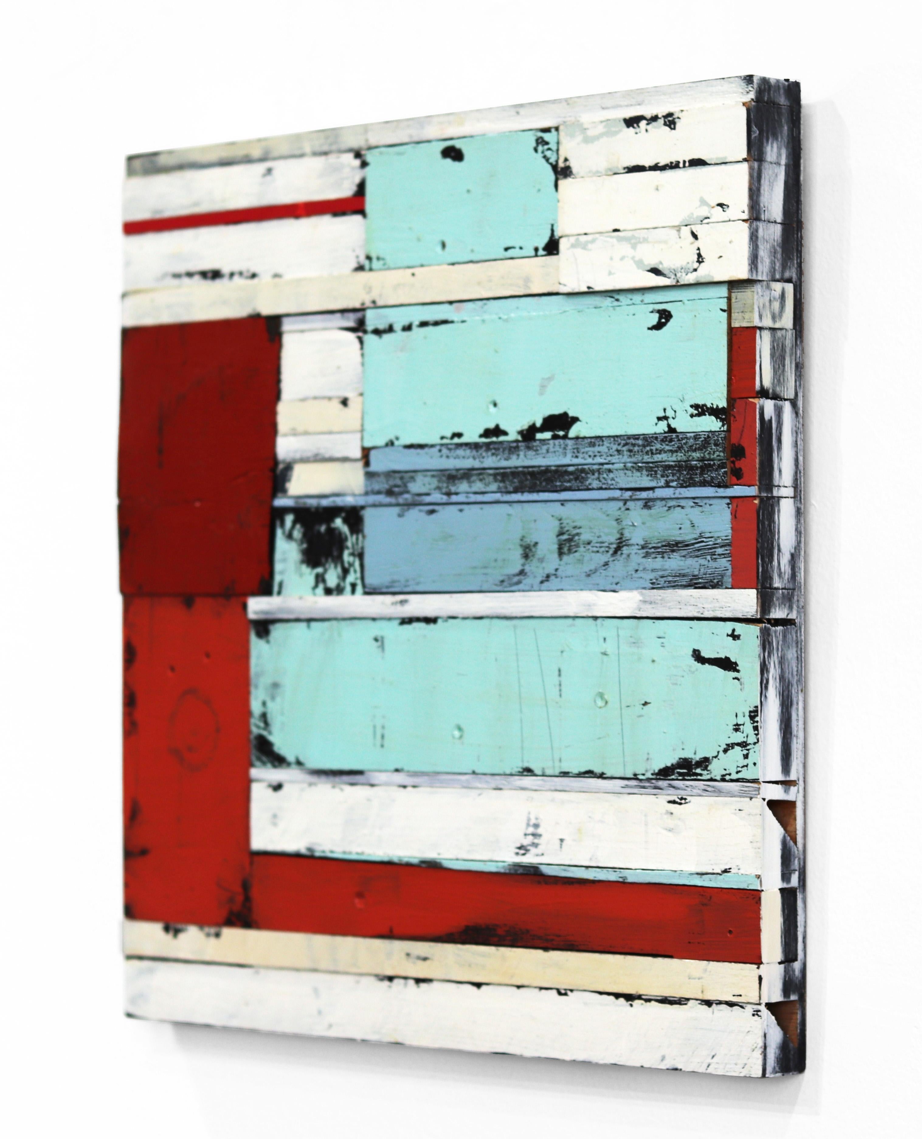 Rebecca Klundt's original artworks are inspired by nature its finite resources. Renewal, order, and lines drive her creative impulses.

This 16 inch square original mixed media artwork is an assemblage of found wood, finished with layers of acrylic