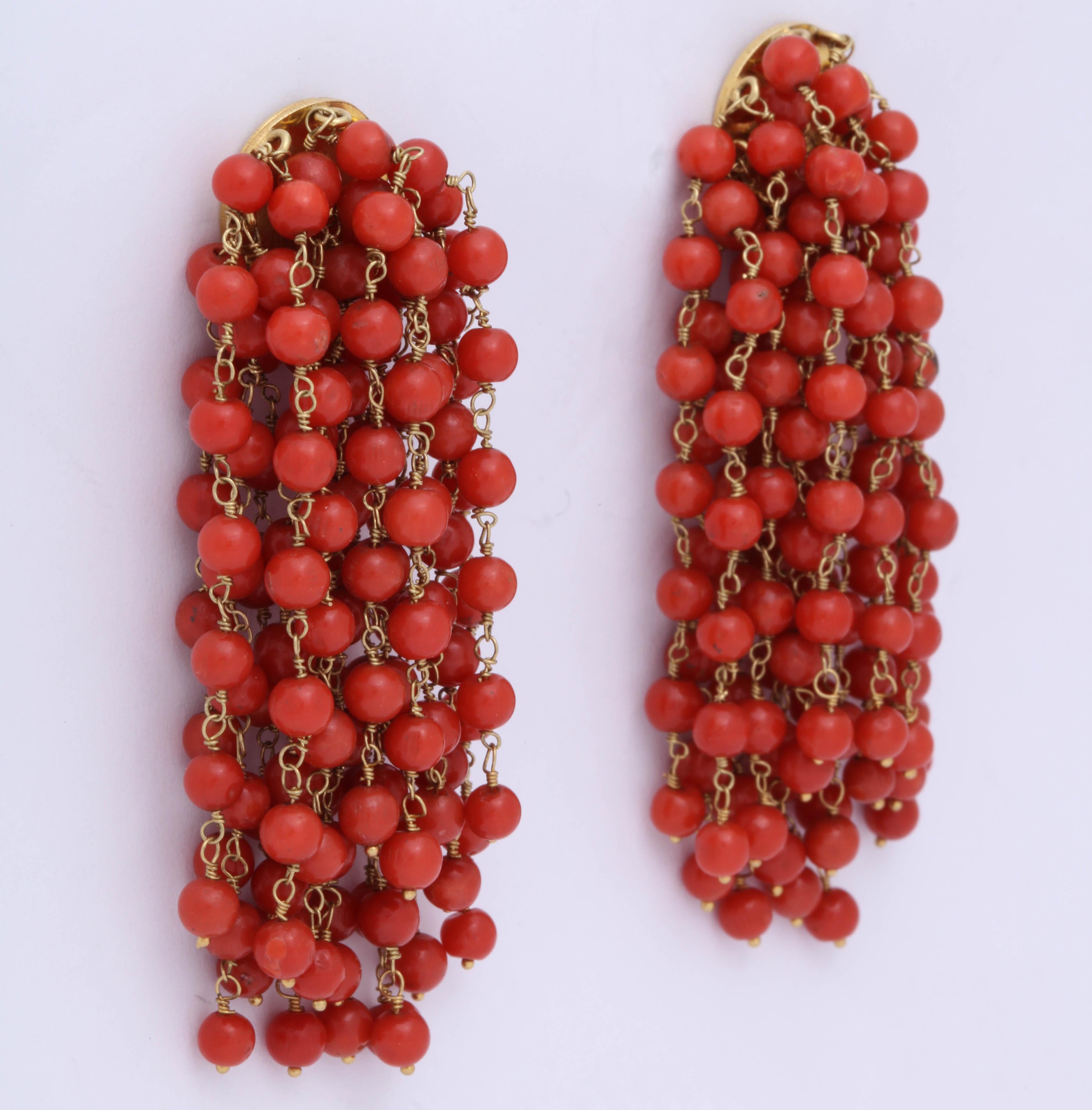 Contemporary Rebecca Koven Coral Gold Chain Earrings For Sale