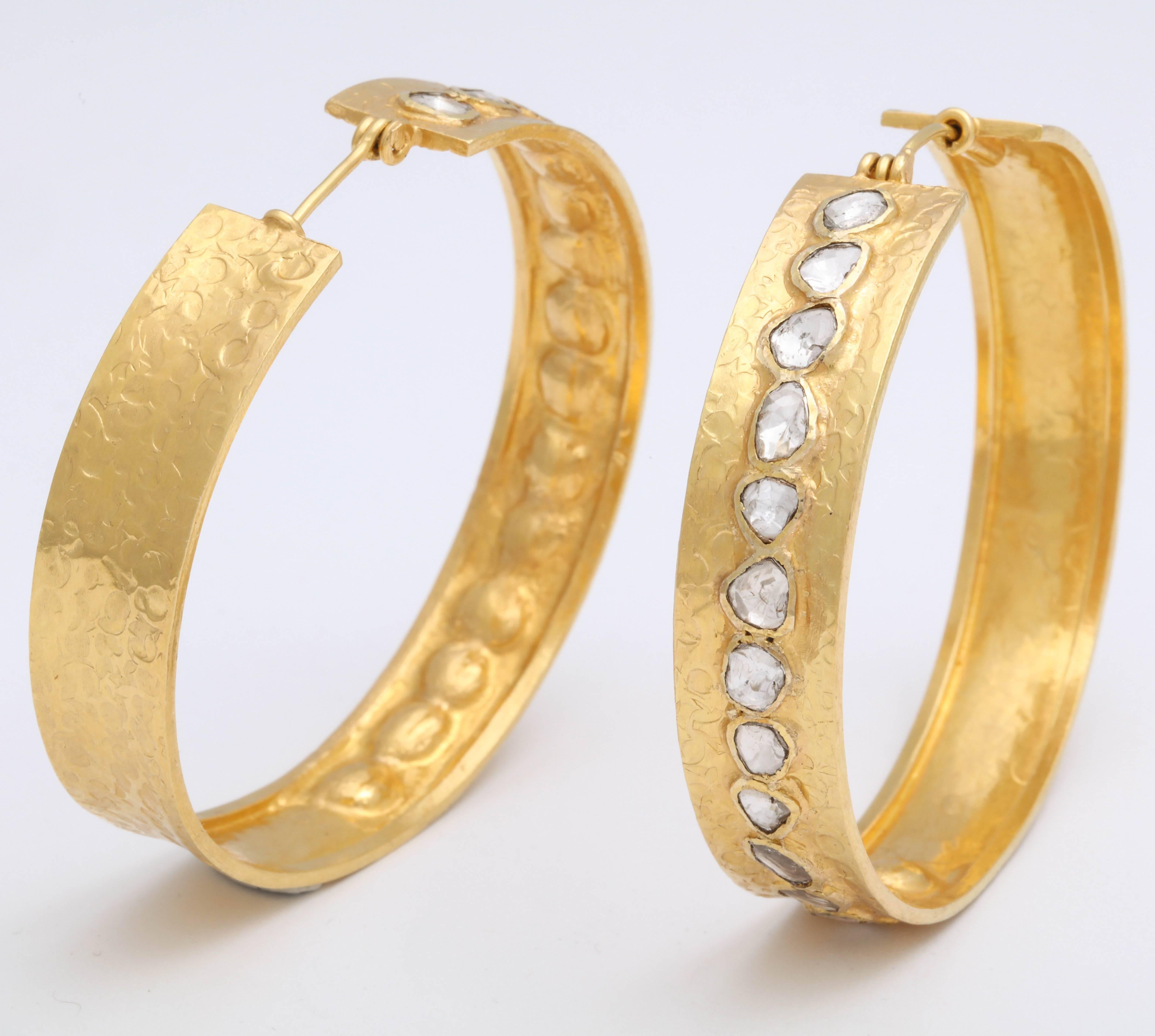 Women's Rebecca Koven Gold and Portrait Diamond Hoop Earrings For Sale