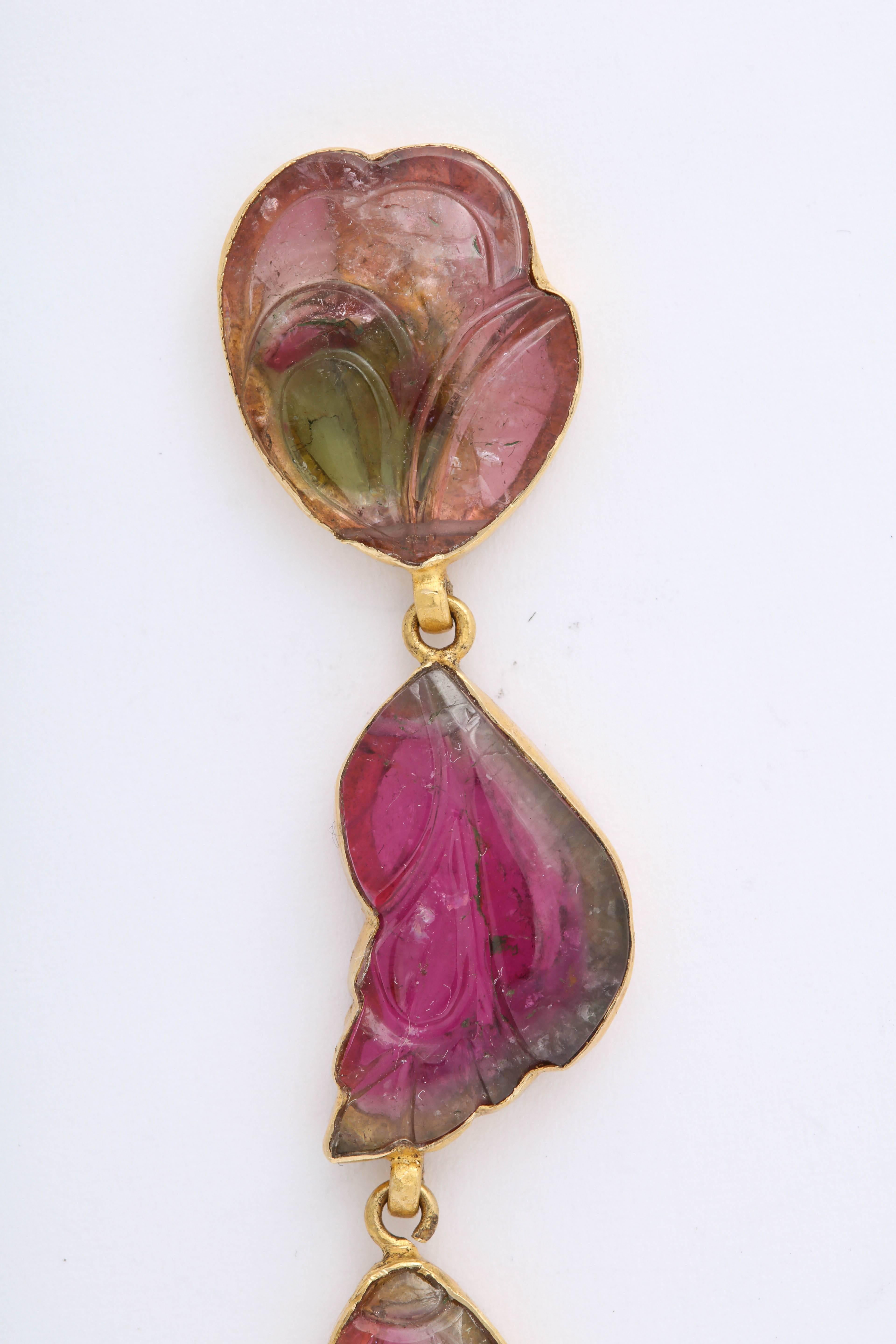 Contemporary Rebecca Koven Gold Carved Watermelon Tourmaline Pendant Earrings For Sale