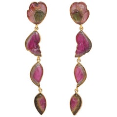 Rebecca Koven Gold Carved Watermelon Tourmaline Pendant Earrings