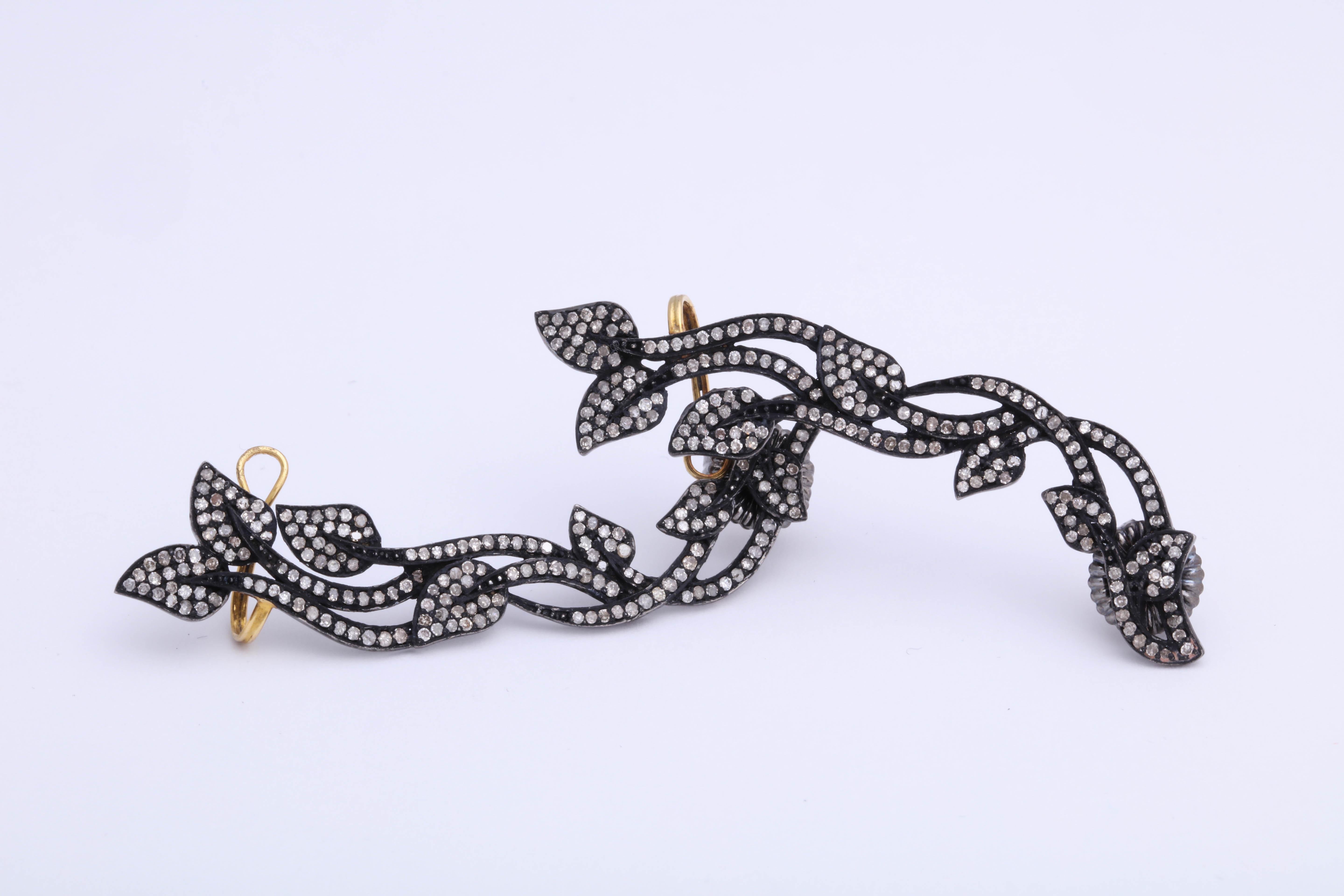 Contemporary Rebecca Koven Sterling Silver Diamond Vine Ear Cuffs For Sale