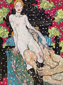 "Cosas del dormitorio" Desnudo figurativo, Óleo con pan de oro de 24 quilates sobre lienzo, bastidor