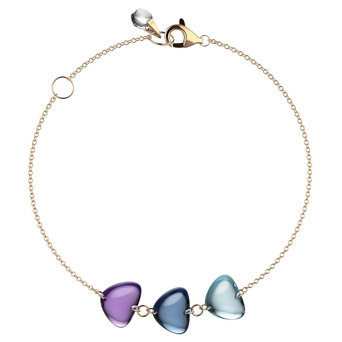 Rebecca Li Crystal Link Bracelet, 18 Karat Gold with Blue Topaz and Amethyst For Sale