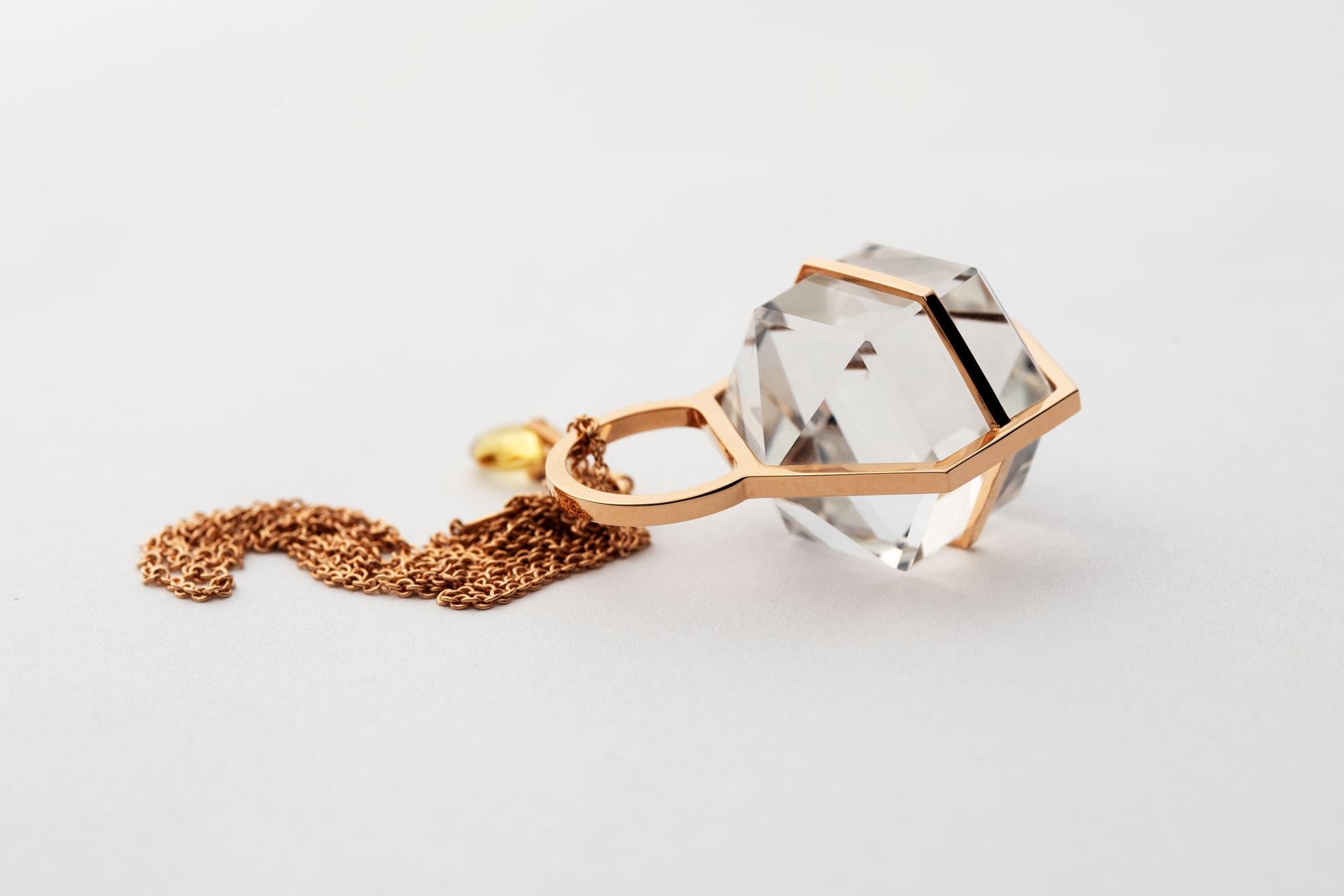 Contemporary Rebecca Li Six Senses Talisman Necklace 18 Karat Gold Large Natural Rock Crystal