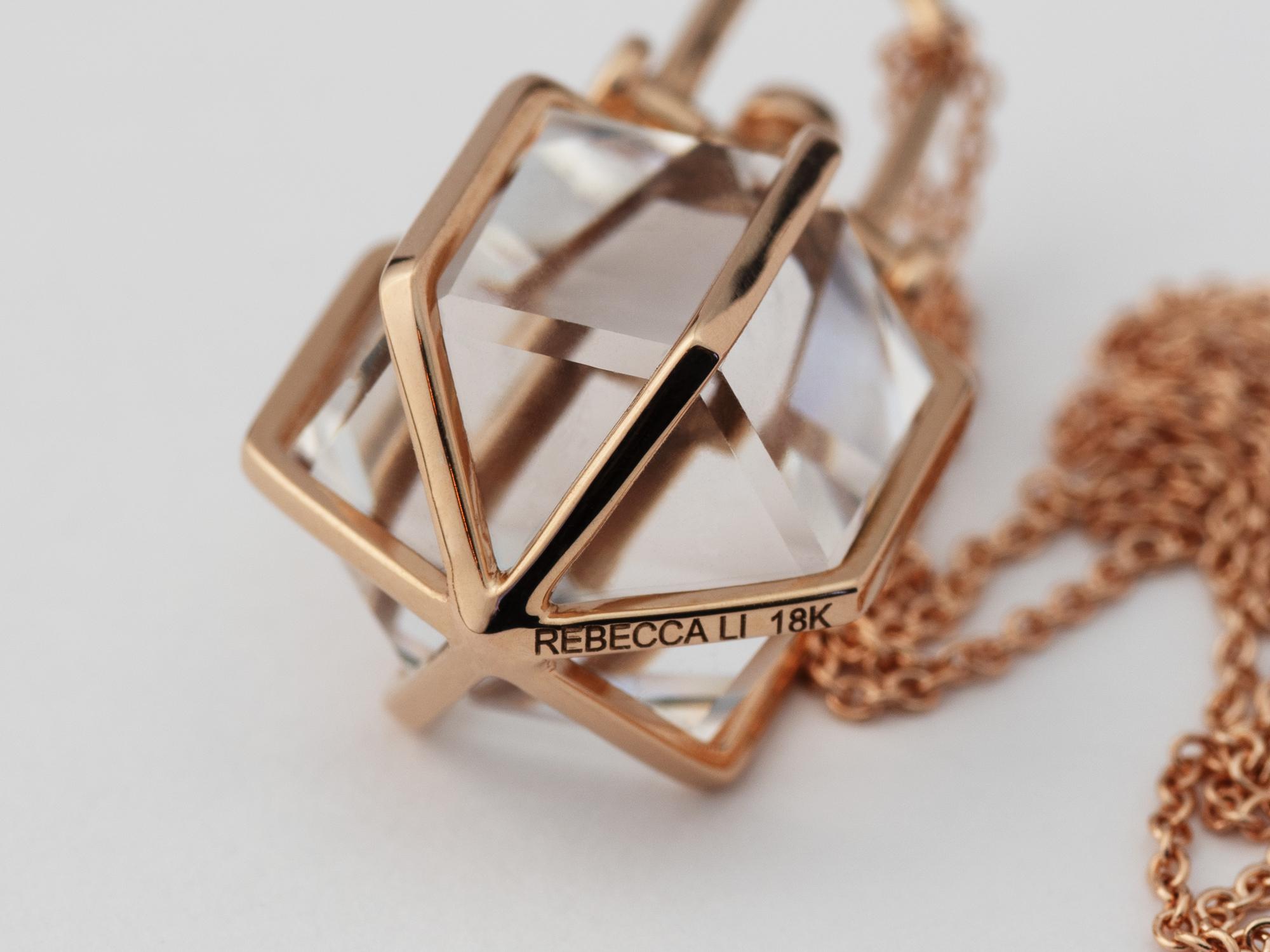 Hexagon Cut Rebecca Li Six Senses Talisman Necklace 18 Karat Gold Large Natural Rock Crystal For Sale