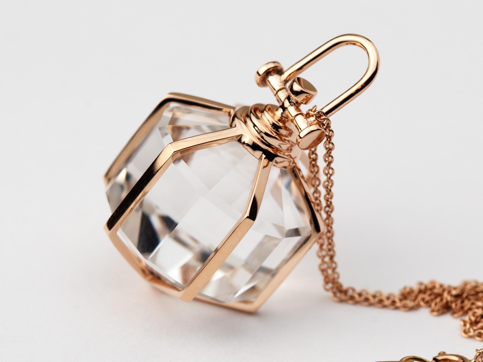 Retro Rebecca Li Six Senses Talisman Necklace 18k Rose Gold Large Natural Rock Crystal For Sale