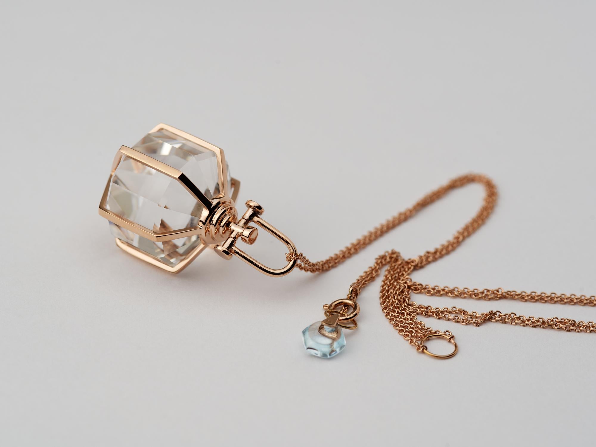Rebecca Li Six Senses Talisman Necklace 18k Rose Gold Large Natural Rock Crystal For Sale 1