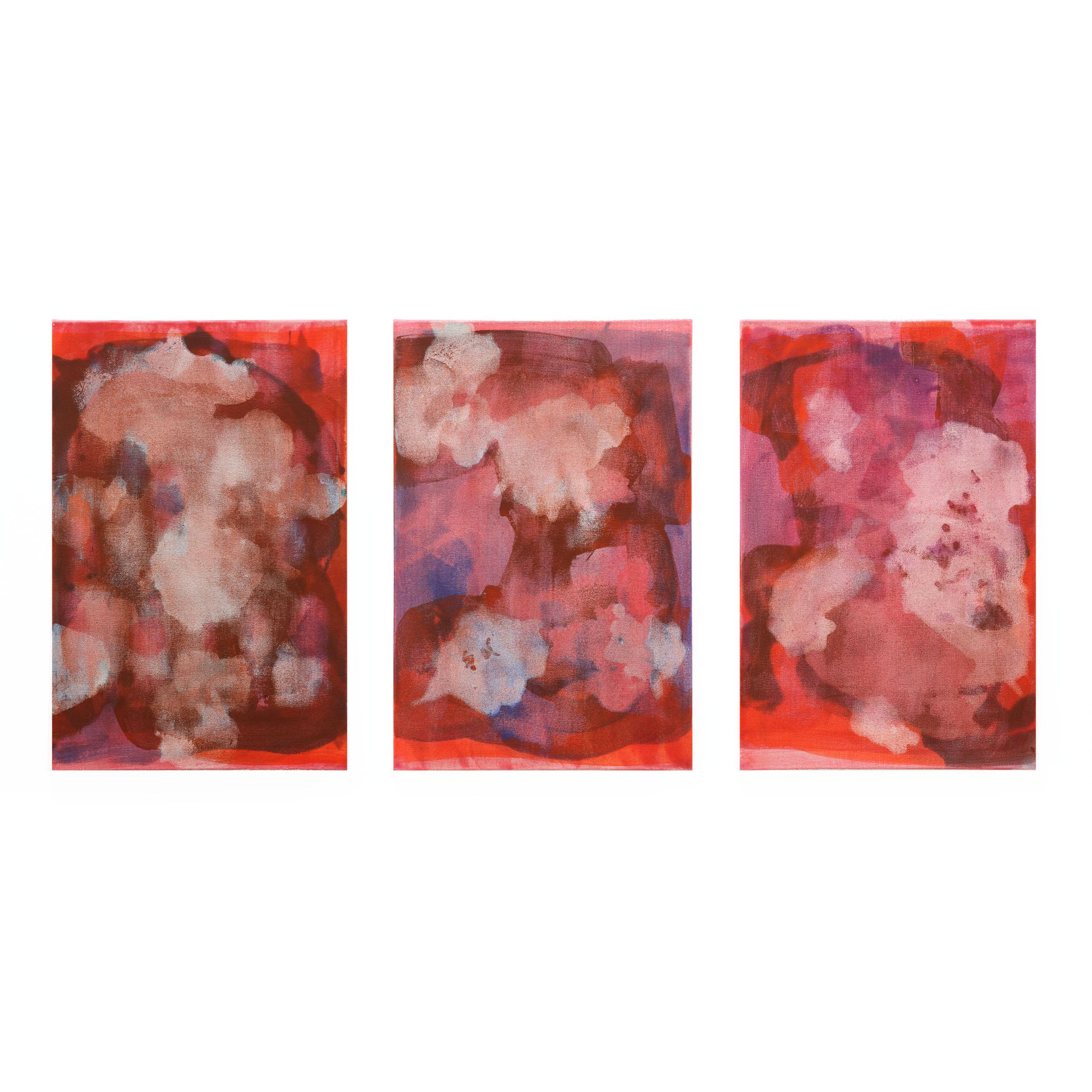 Rebecca Meanley Abstract Painting - REBECCA MEANLEY TRIPTYCH RED DISTEMPER , 2019