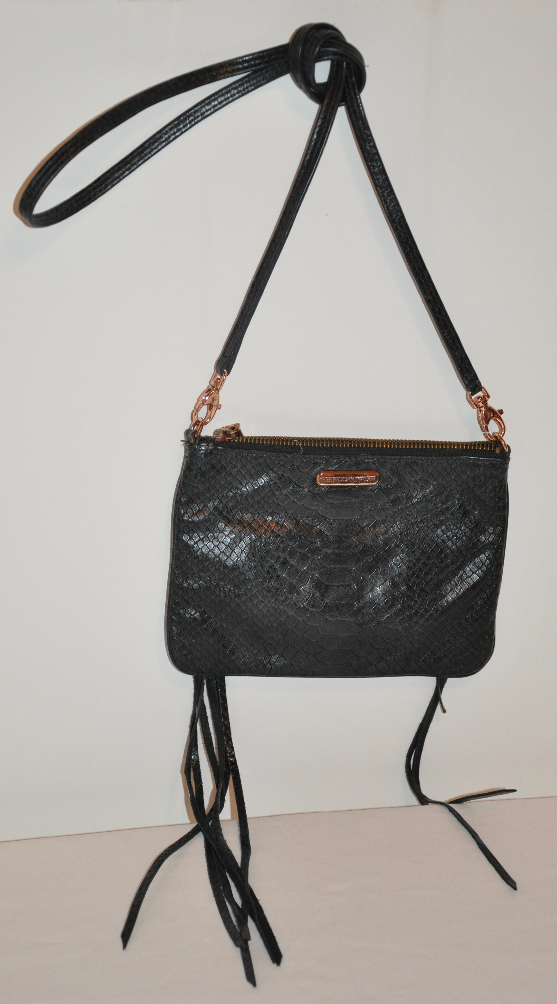 Rebecca Minkoff Black Embossed Croc Leather Optional Clutch or Shoulder Bag In Good Condition For Sale In New York, NY