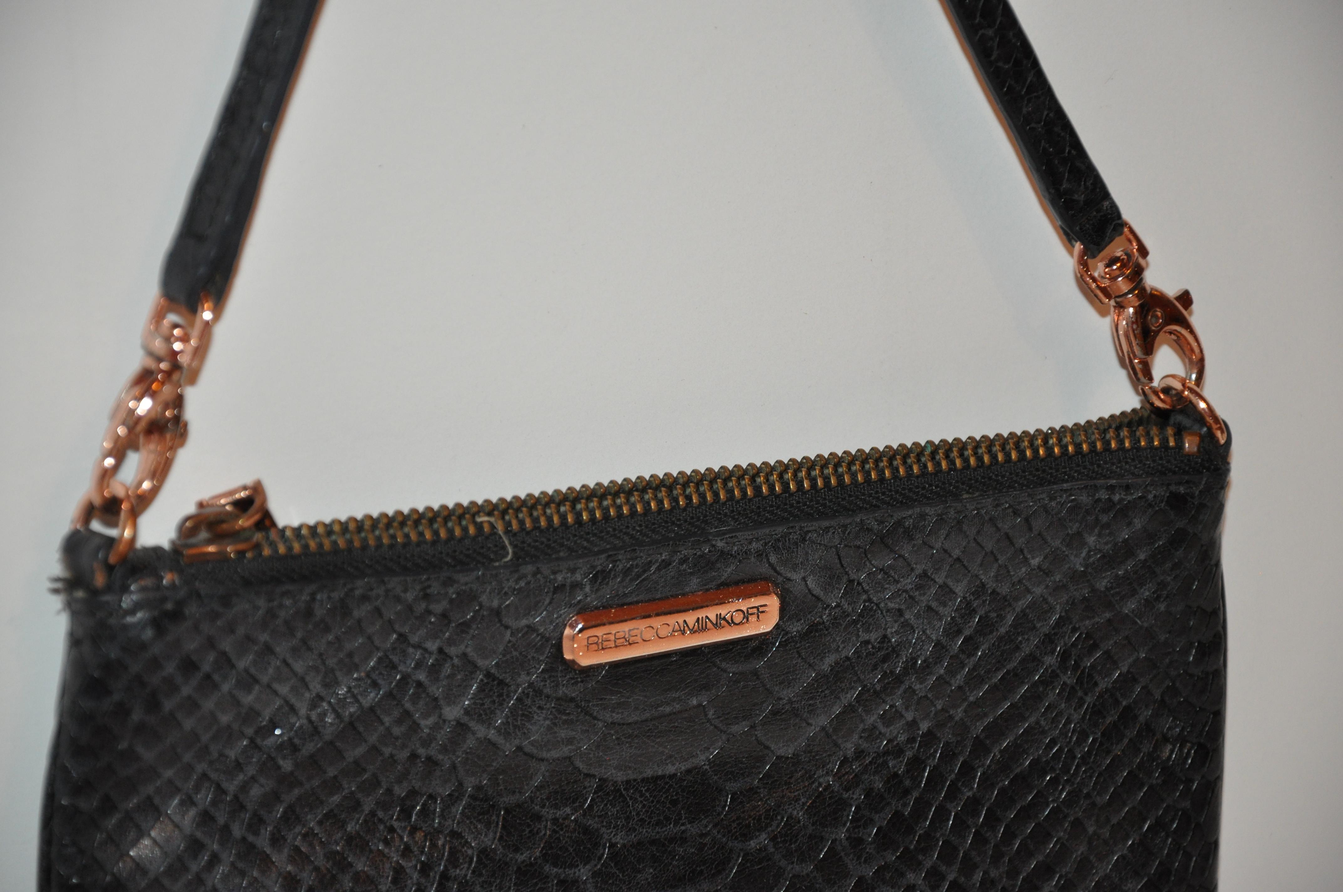 Women's or Men's Rebecca Minkoff Black Embossed Croc Leather Optional Clutch or Shoulder Bag For Sale