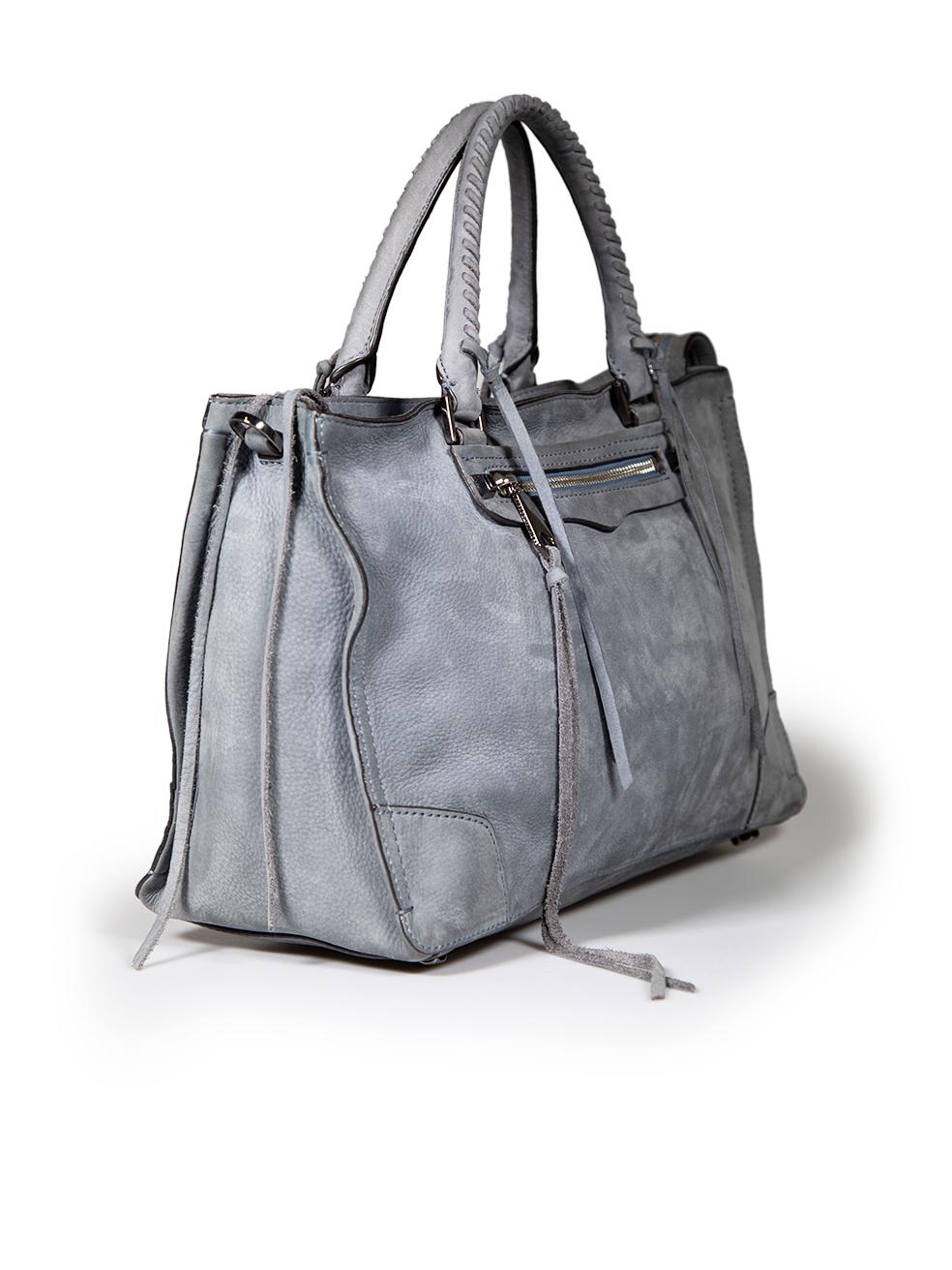 CONDITION is Very good. Minimal wear to bag is evident. Minimal wear to suede fringe with fraying and wear to the leather handles on this used Rebecca Minkoff designer resale item.
 
 
 
 Details
 
 
 Grey
 
 Suede
 
 Medium handbag
 
 2x Rolled top