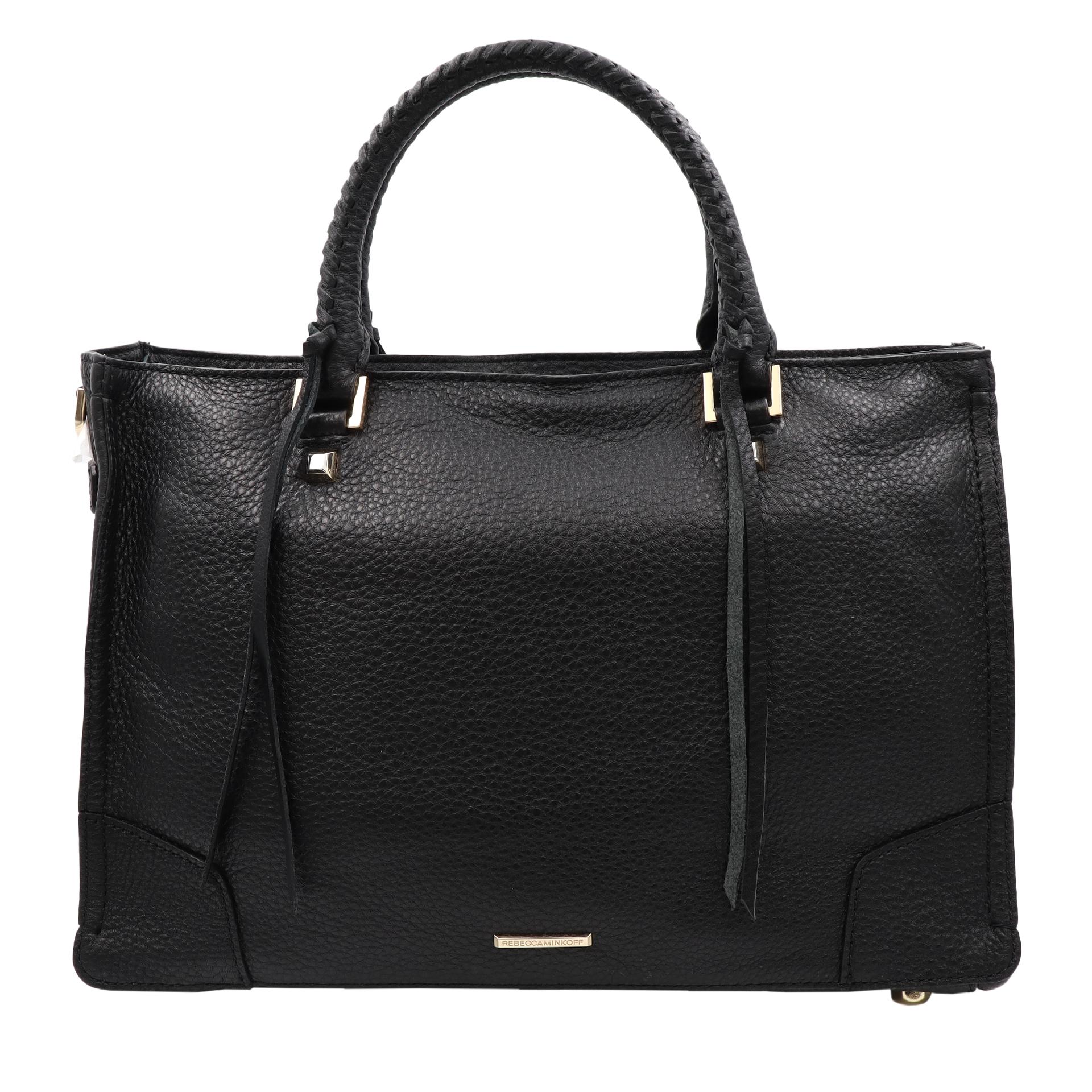 Black pebble leather and gold-tone hardware. The bag opens and closes with a zipper, has 1 exterior, 1 interior zip pocket and 3 interior slip pockets. This satchel has 5'' drop double handle and detachable/adjustable up to 23'' strap. Dimensions: