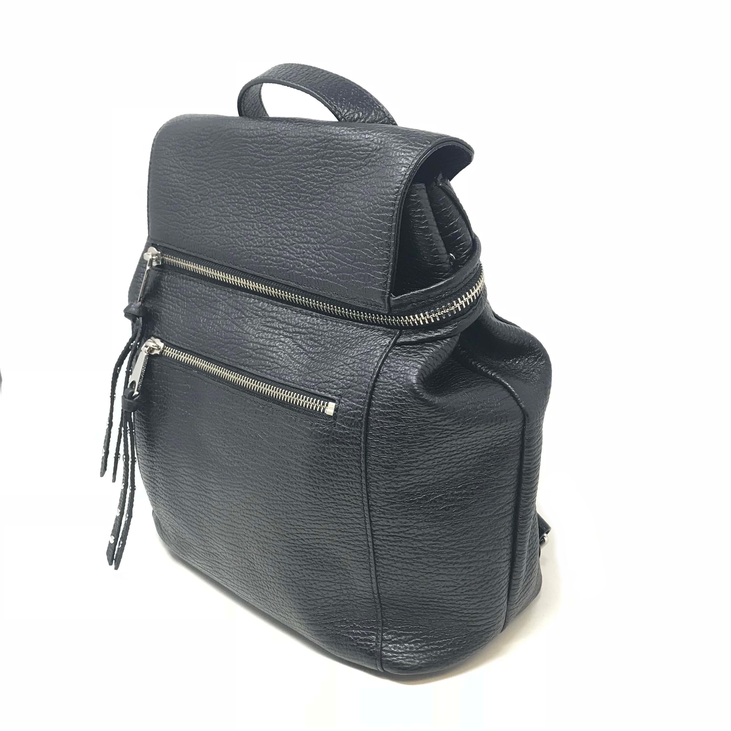 This is new Rebecca Minkoff Jane HF26EJAB31 Medium Black Leather Ladies Backpack. It's completed with black pebble leather and silver tone hardware. Opens and closes with a zipper, has 1 exterior and 1 interior zip pockets, as well as 3 interior