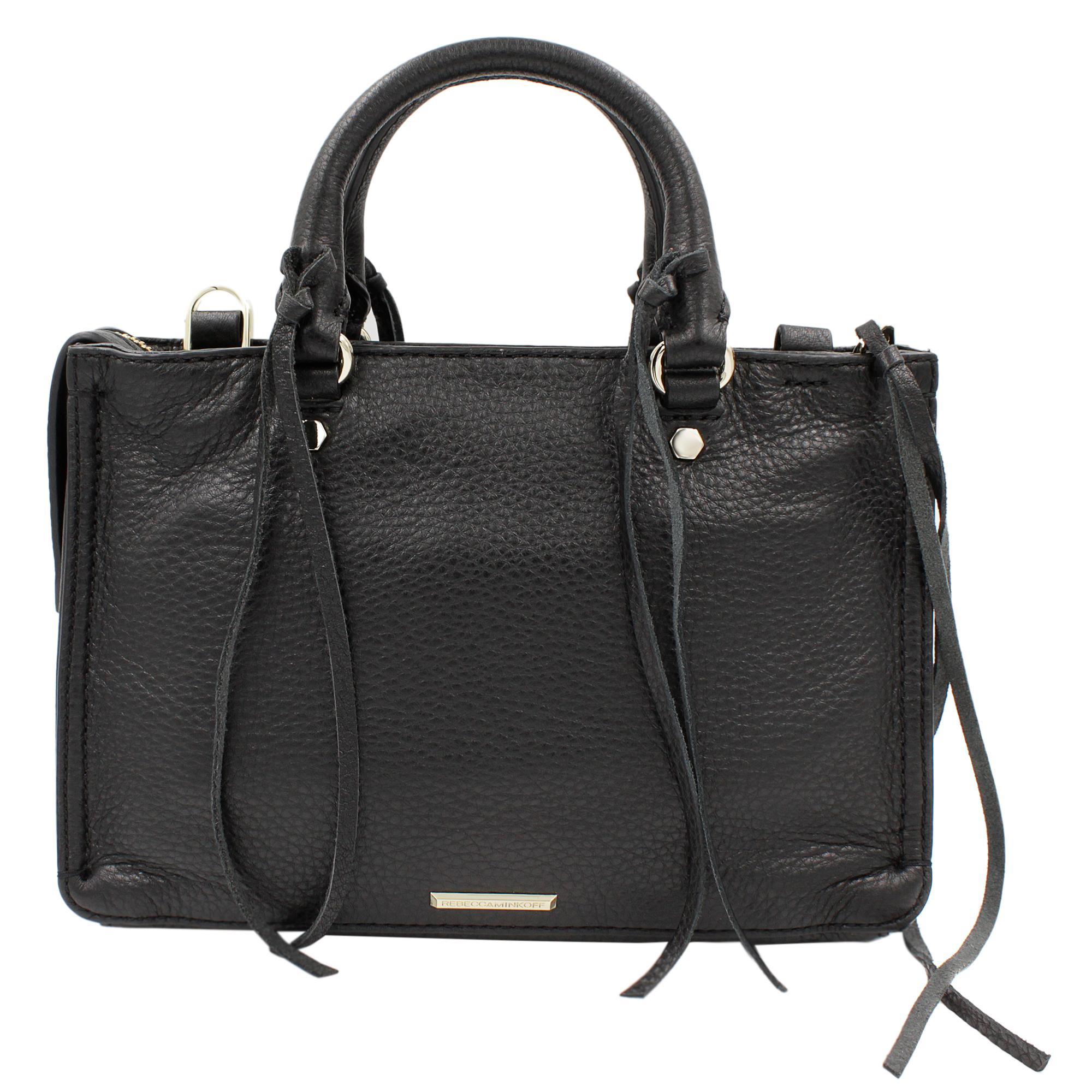This is Brand new Rebecca Minkoff Micro Regan Satchel Leather Black Bag HS161PBX61. The gold tone hardware has minor scratches. Comes Without Dust Bag. Height- 7.5 Inch Length-9.5 Inch Width -3.75 inch Detachable Shoulder
