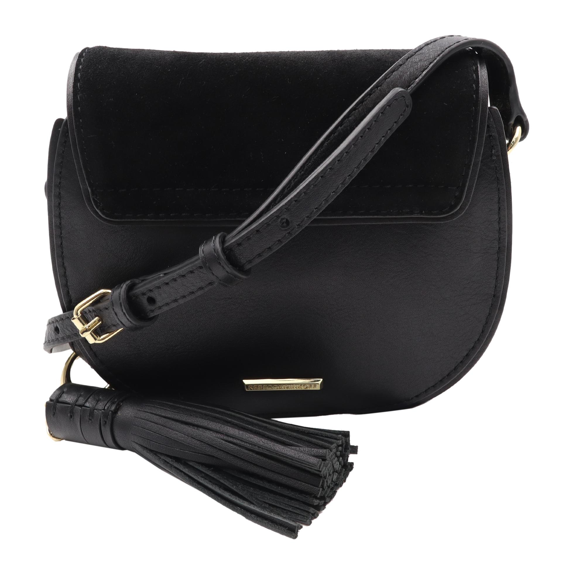 A Rebecca Minkoff crossbody bag crafted in black leather with a suede trim and custom light gold-tone hardware and a fully lined interior. This Rebecca Minkoff crossbody features a flap with a snap closure with a main zip pocket, and an exterior