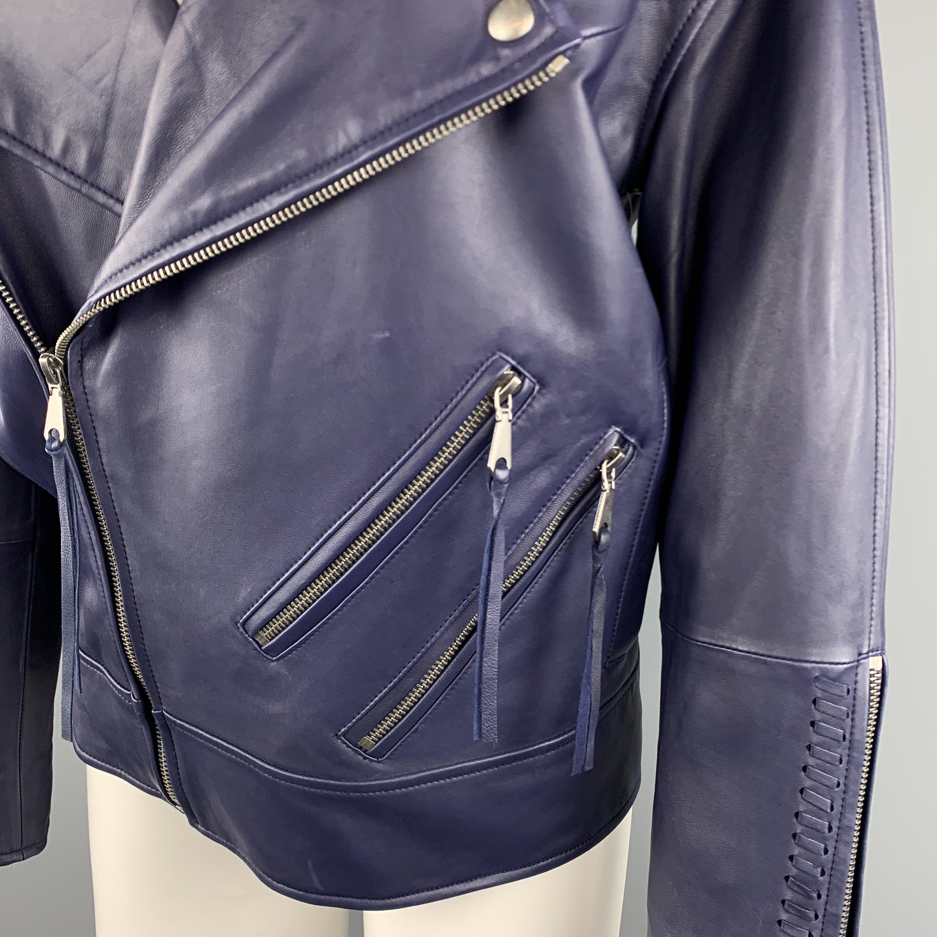 Women's REBECCA MINKOFF Size XS Navy Leather Lamb Skin Biker Jacket For Sale
