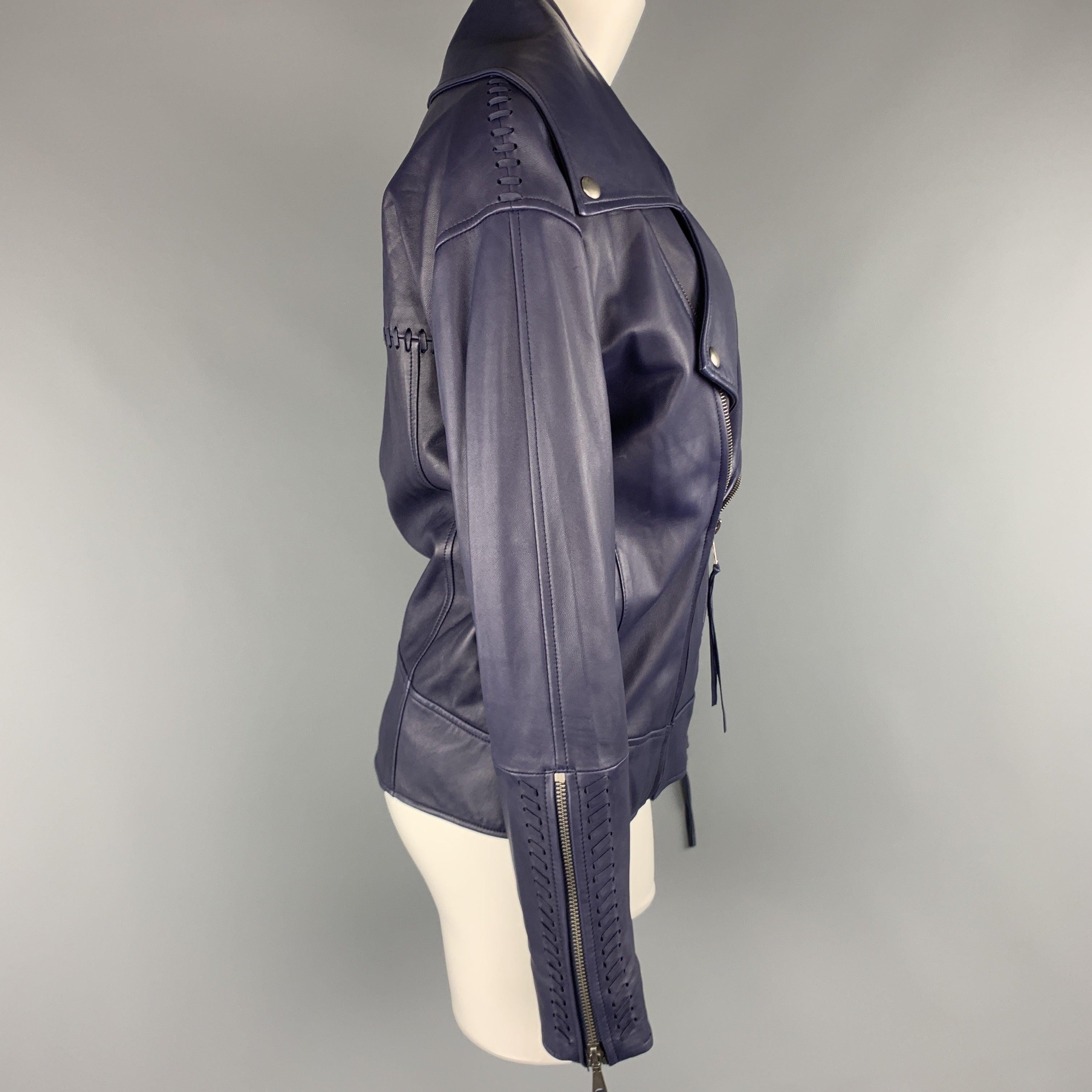 REBECCA MINKOFF Size XS Navy Leather Lamb Skin Biker Jacket For Sale 1