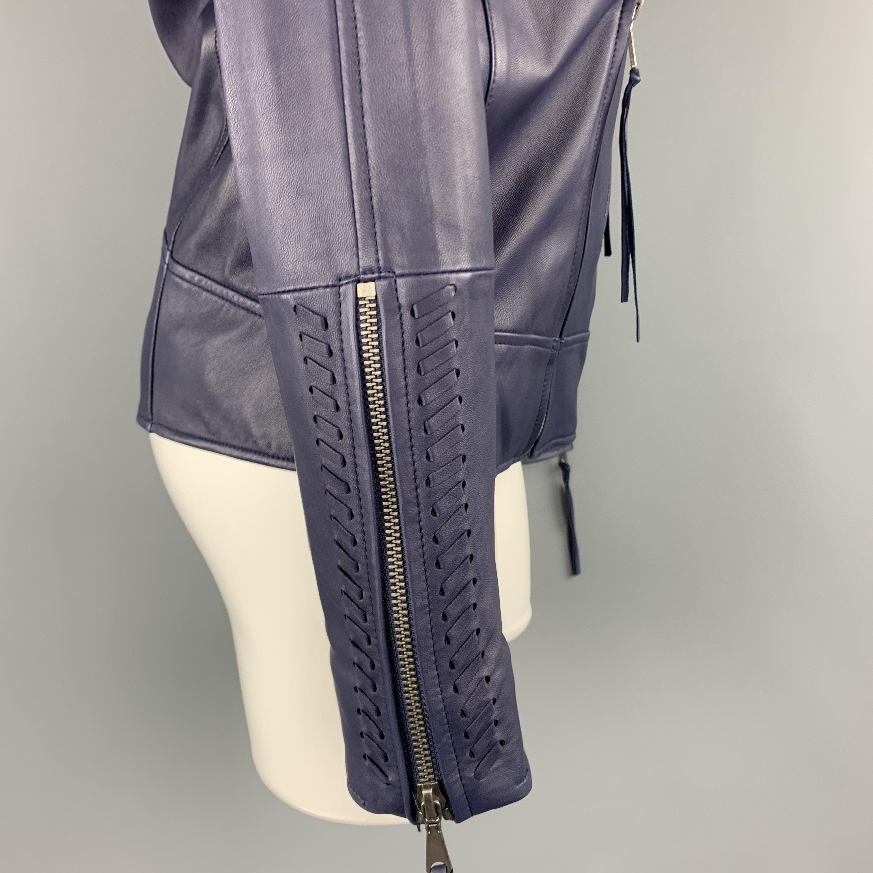 REBECCA MINKOFF Size XS Navy Leather Lamb Skin Biker Jacket For Sale 2