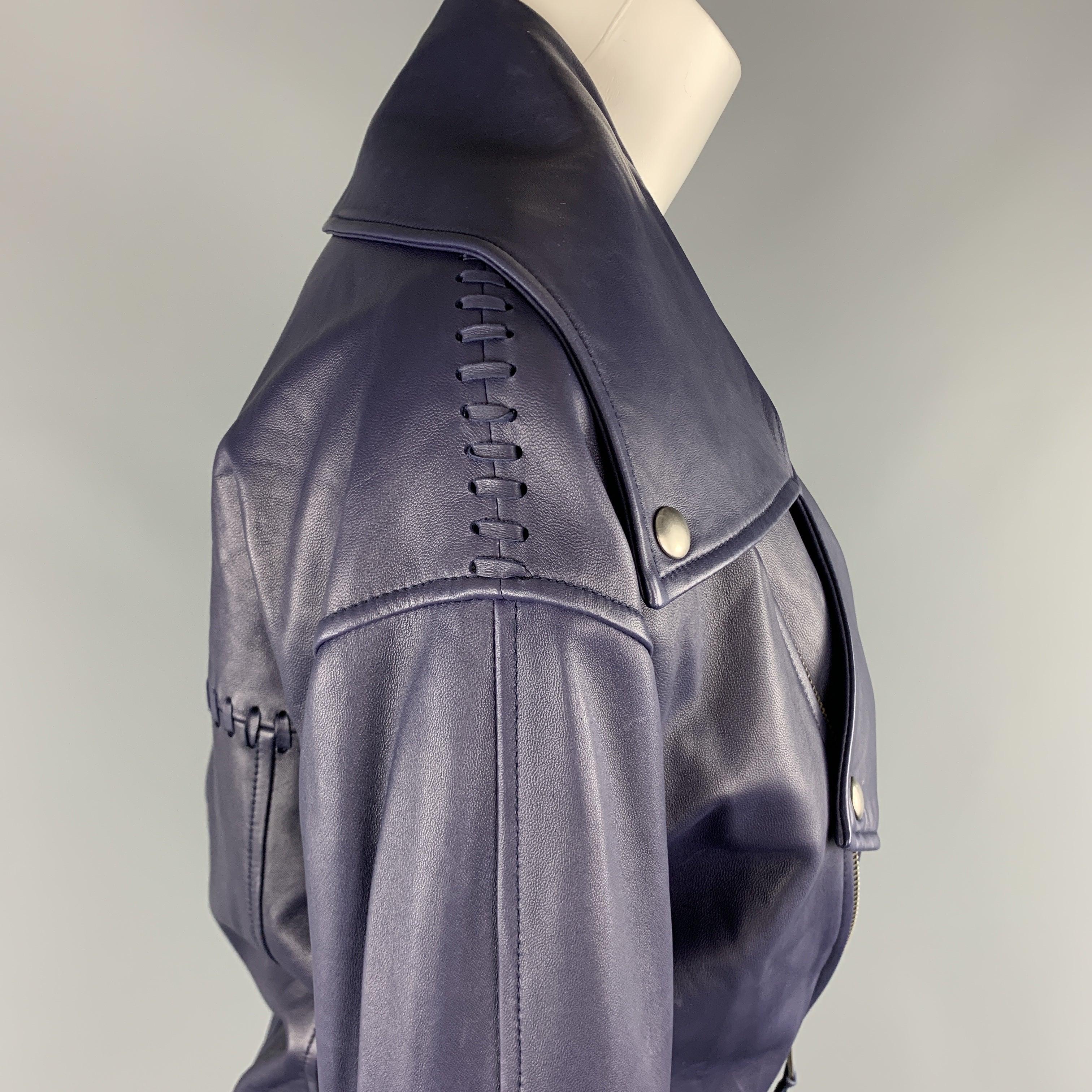 REBECCA MINKOFF Size XS Navy Leather Lamb Skin Biker Jacket For Sale 3