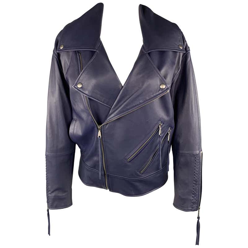 LENA LUMELSKY Size 4 Navy Leather Structured Back Motorcycle Leather ...