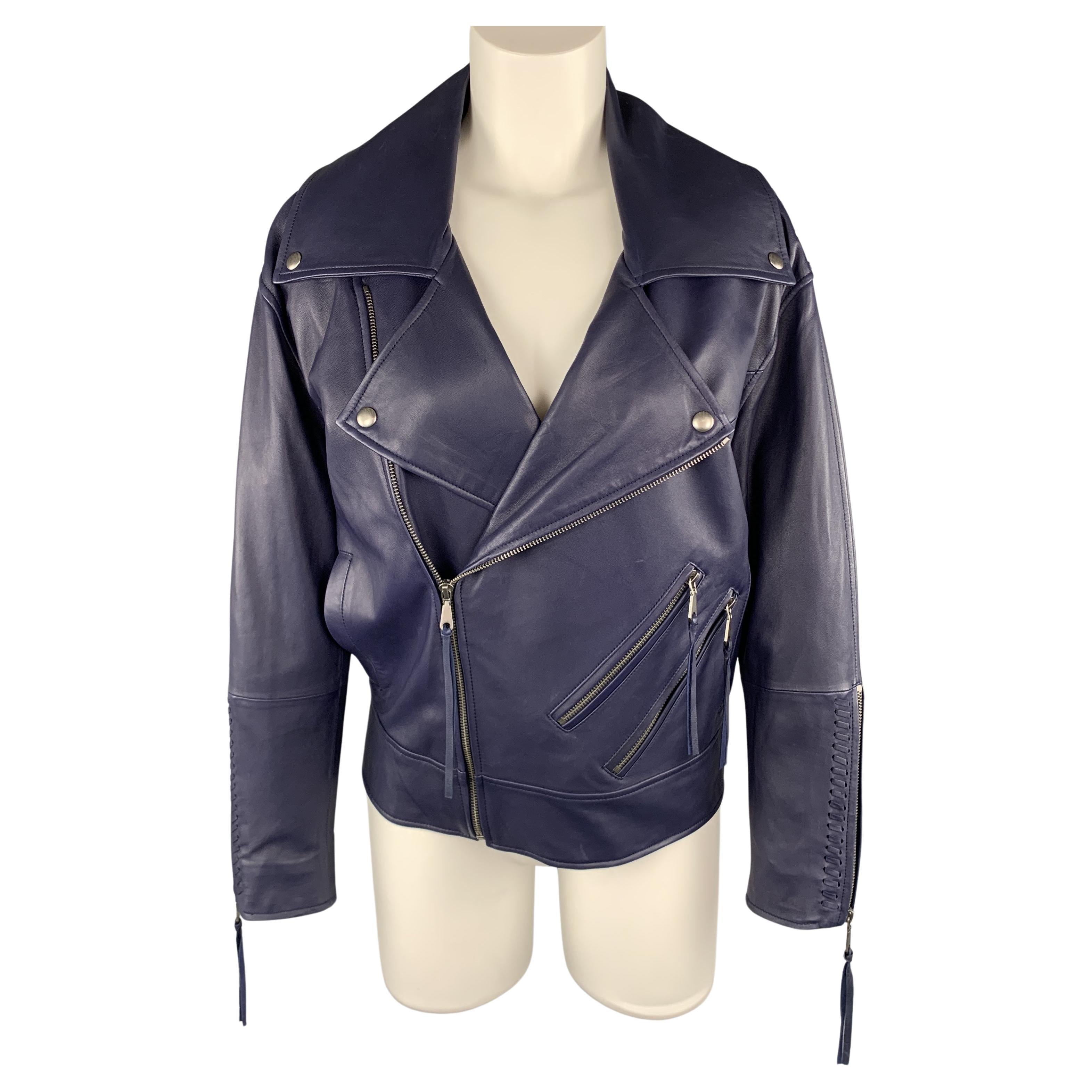 REBECCA MINKOFF Size XS Navy Leather Lamb Skin Biker Jacket For Sale