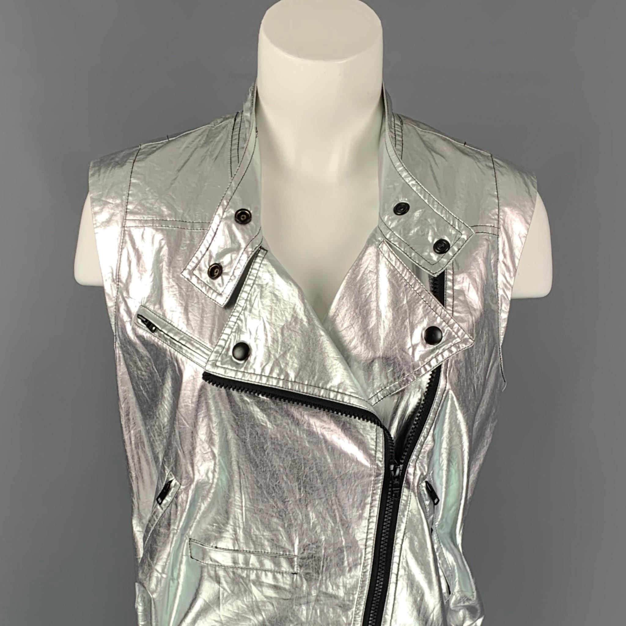 REBECCA MINKOFF vest comes in a silver & black metallic cotton featuring a biker style, top stitching, zipper pockets, belted straps, and a full zip up closure. 

Very Good Pre-Owned Condition.
Marked: XS

Measurements:

Shoulder: 16 in.
Bust: 36