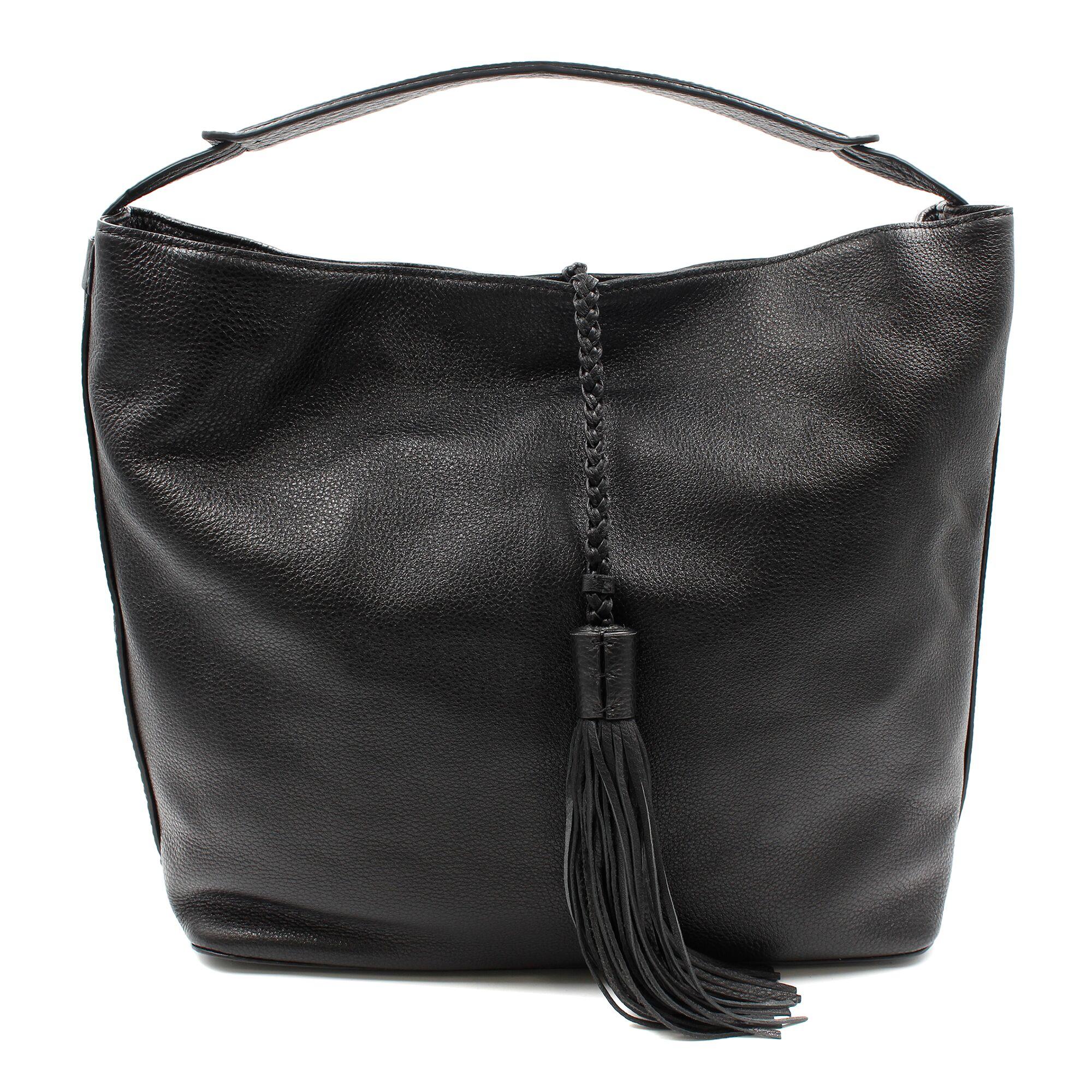 Hobo handbag in lightly pebbled leather featuring braided ties with tassels.
Textured leather handbag in slouchy hobo silhouette featuring braided tassels at front.
New Rebecca Minkoff tote handbag. 
Model Number: HS16IMOH13
Cowhide