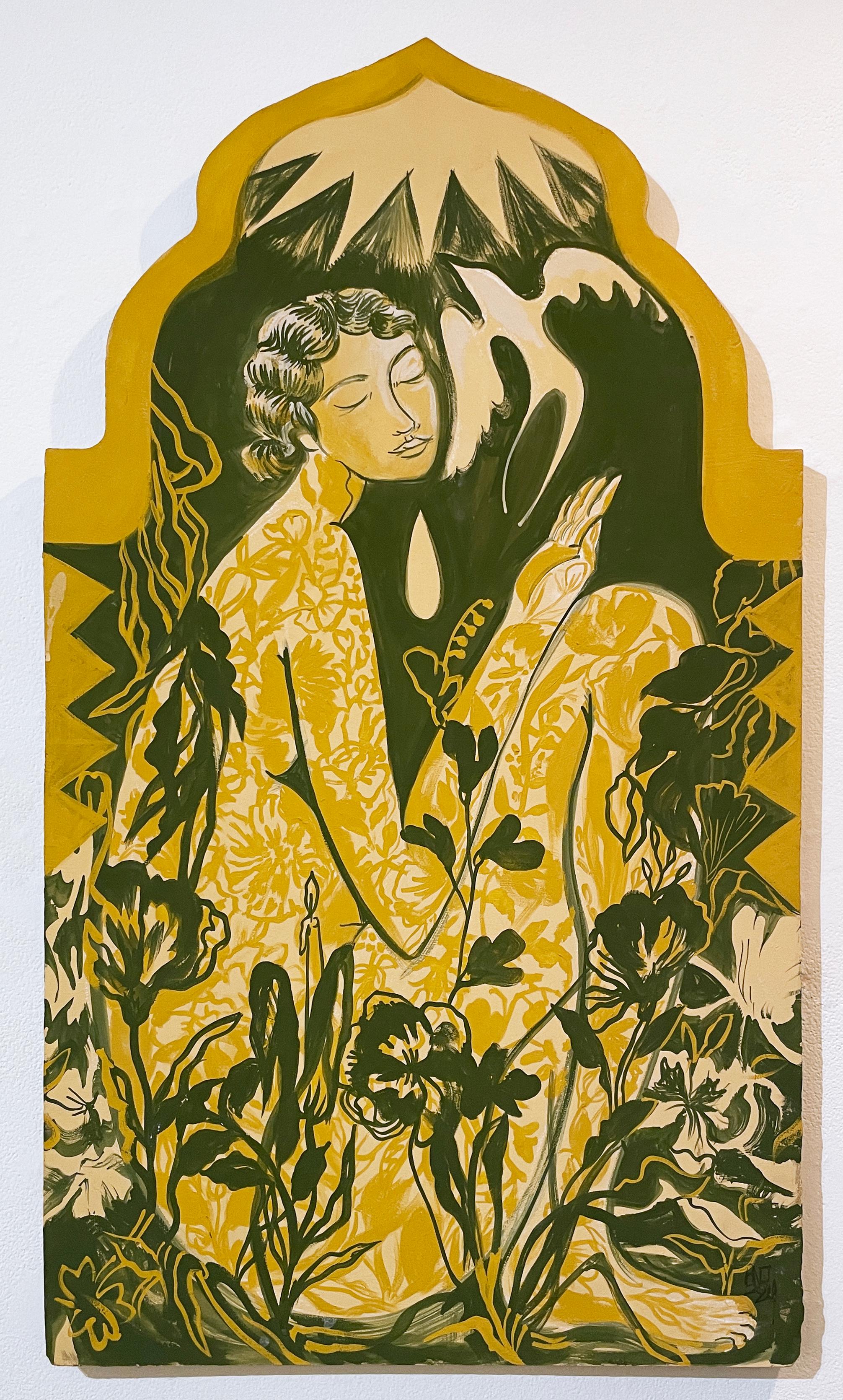 Garden Glow, figurative, landscape, woman, yellow green, leaves, sunshine, dove - Painting by Rebecca N. Johnson