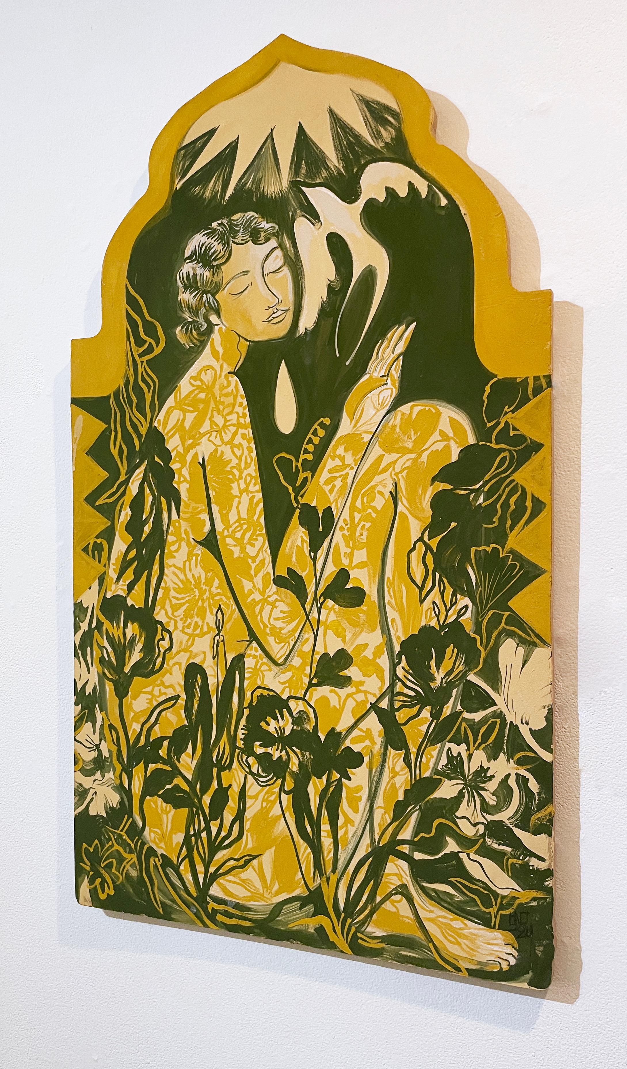 Garden Glow, figurative, landscape, woman, yellow green, leaves, sunshine, dove - Contemporary Painting by Rebecca N. Johnson
