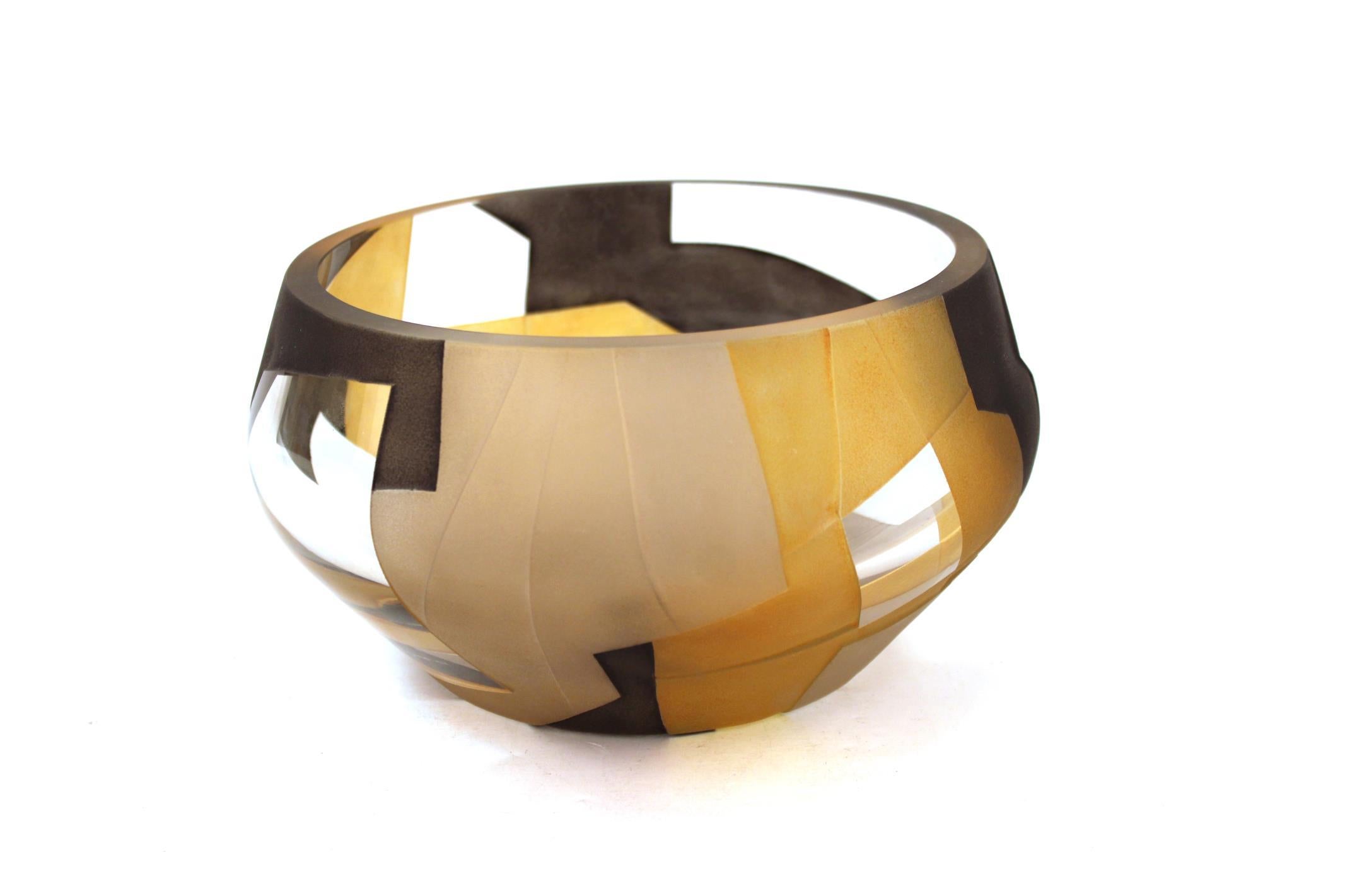 Rebecca Odom contemporary studio art glass vase in squat form with sand-blasted geometric motif in black and gold. Etched makers mark on bottom.