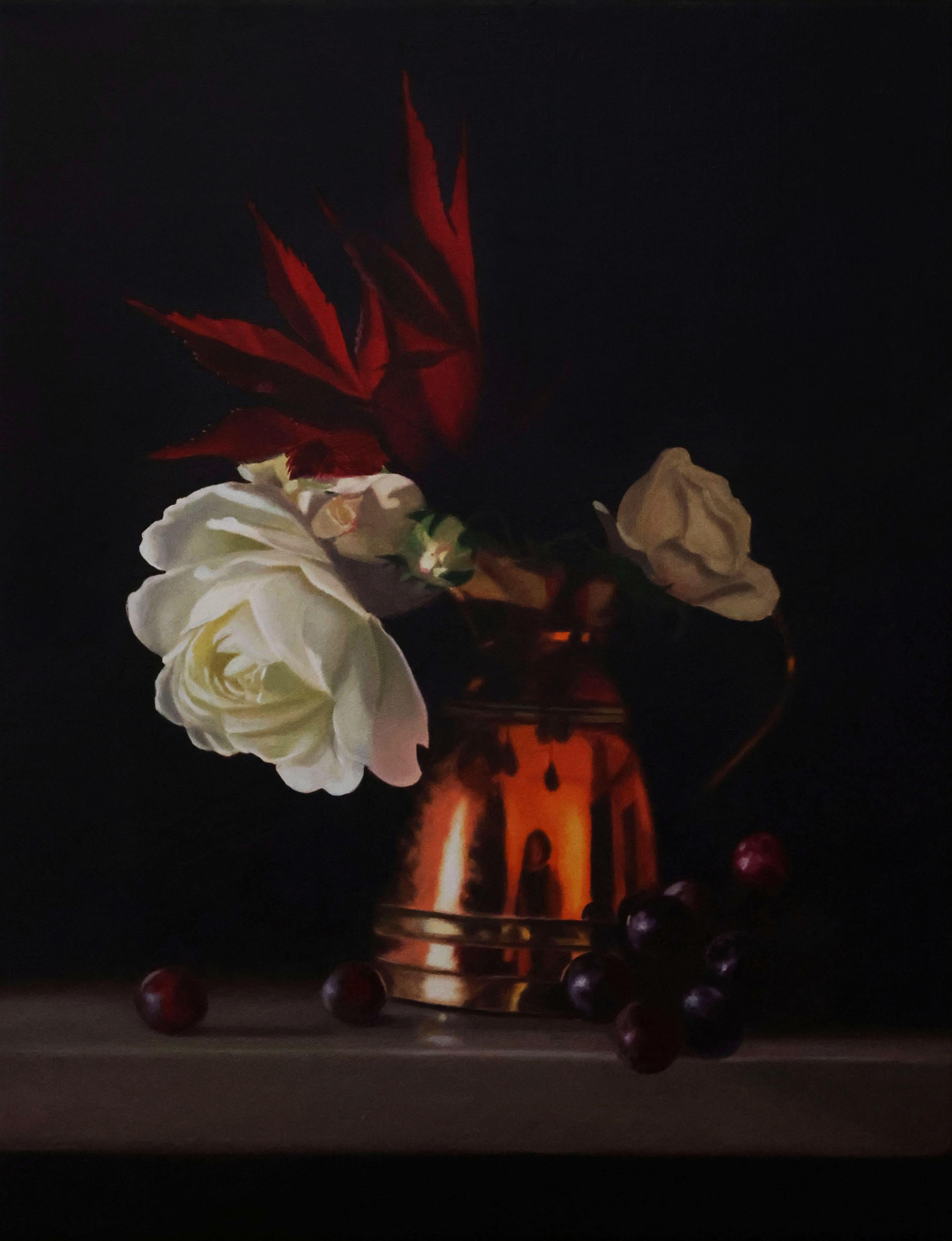 Copper Vase, Roses and Red Grapes - original realism painting - contemporary Art