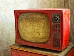 "Aged #2", color photograph, television, abandoned, vintage, metal print, red