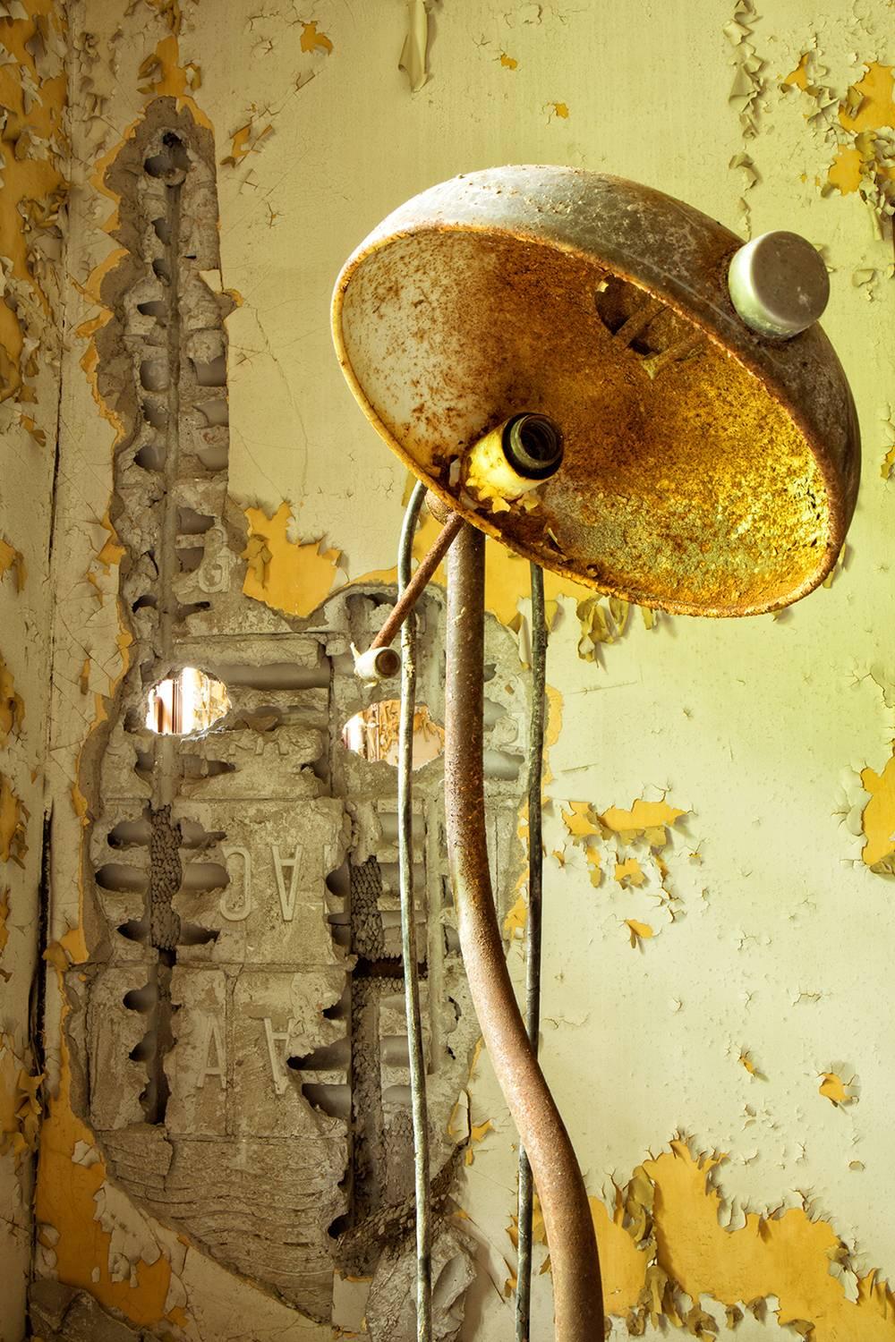 "Aged", contemporary, abandoned, yellow, lamp, vintage, color photo, metal print